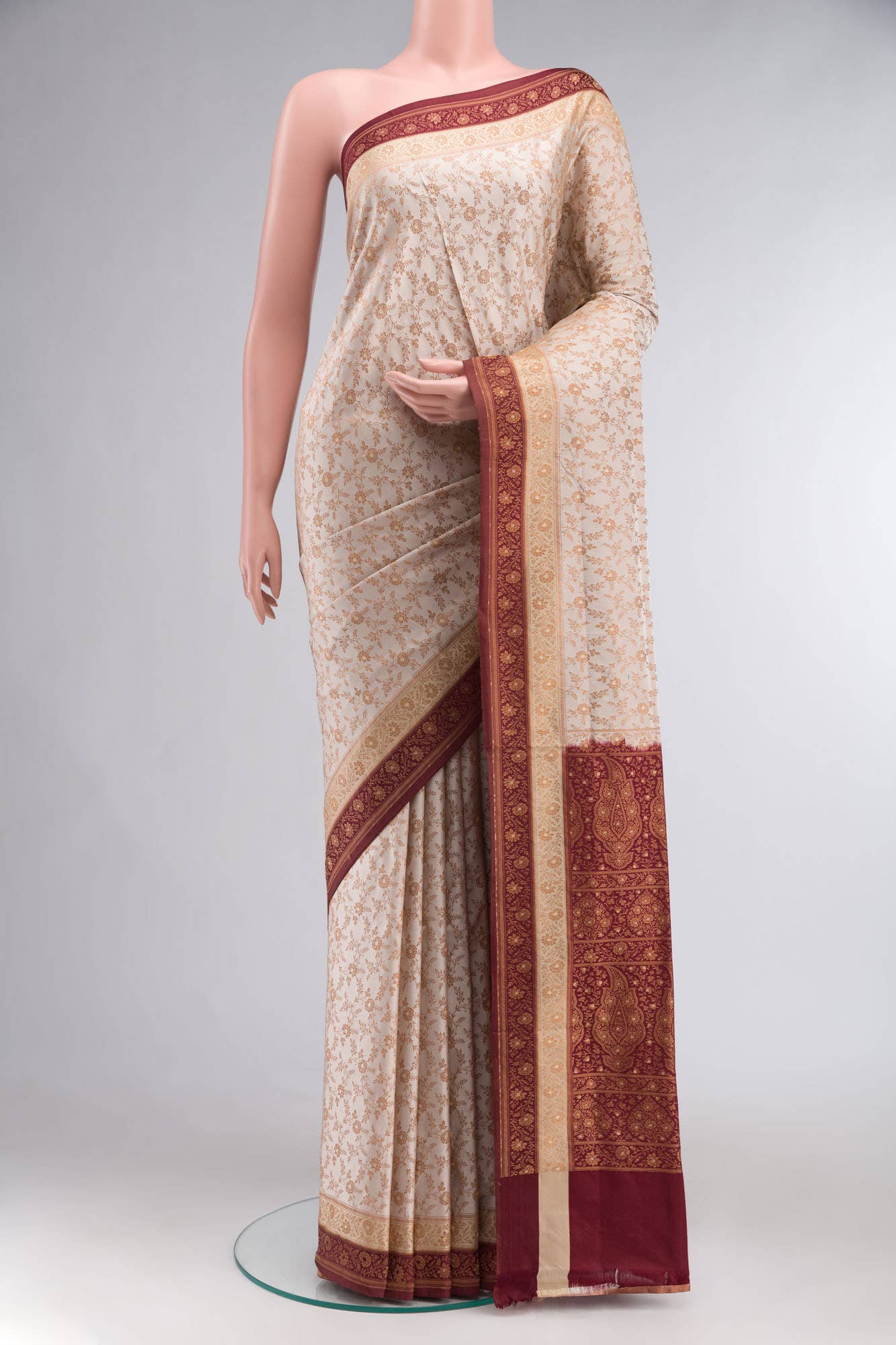 Beige Banarasi Tanchoi Silk Saree