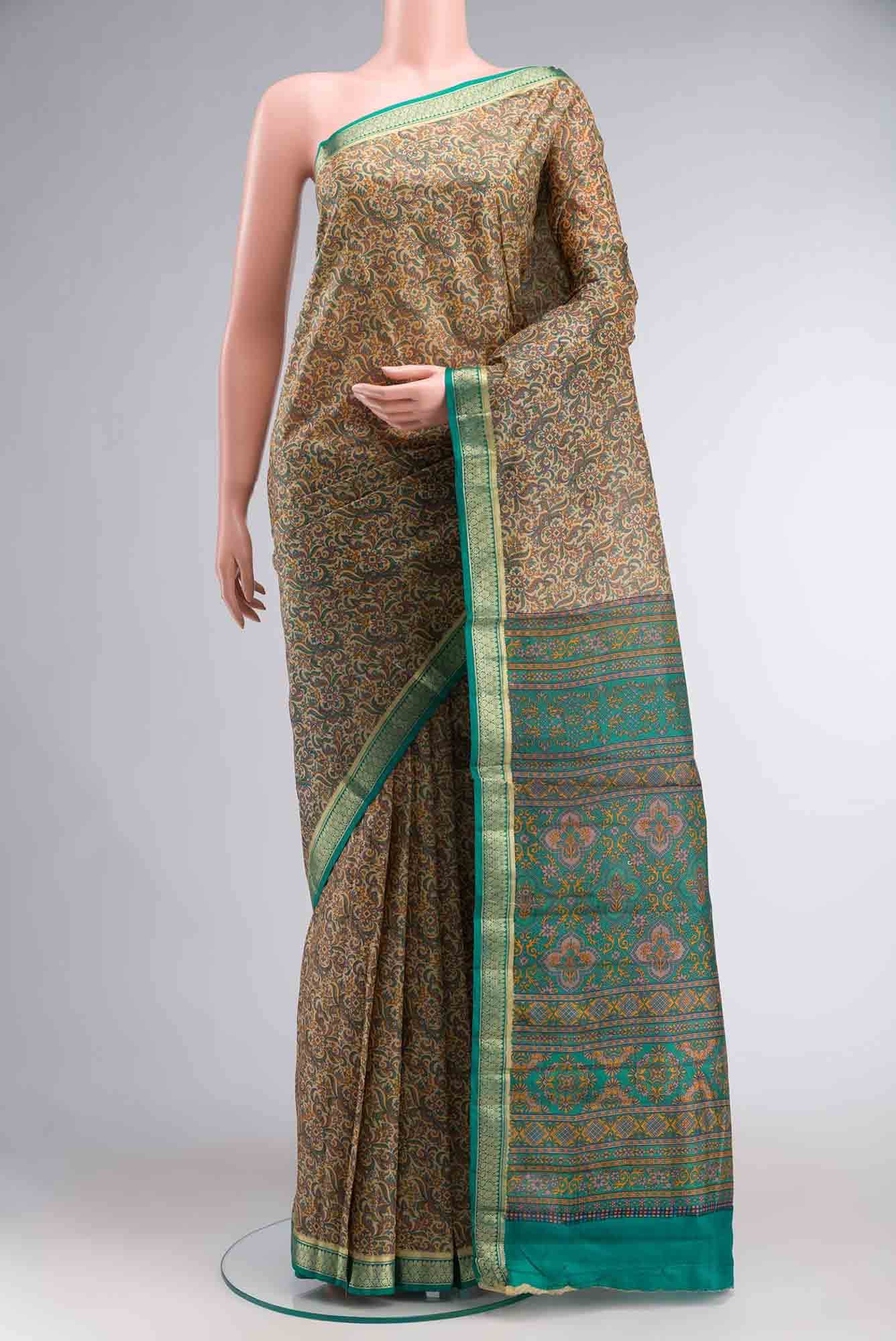 Beige Printed Silk Saree