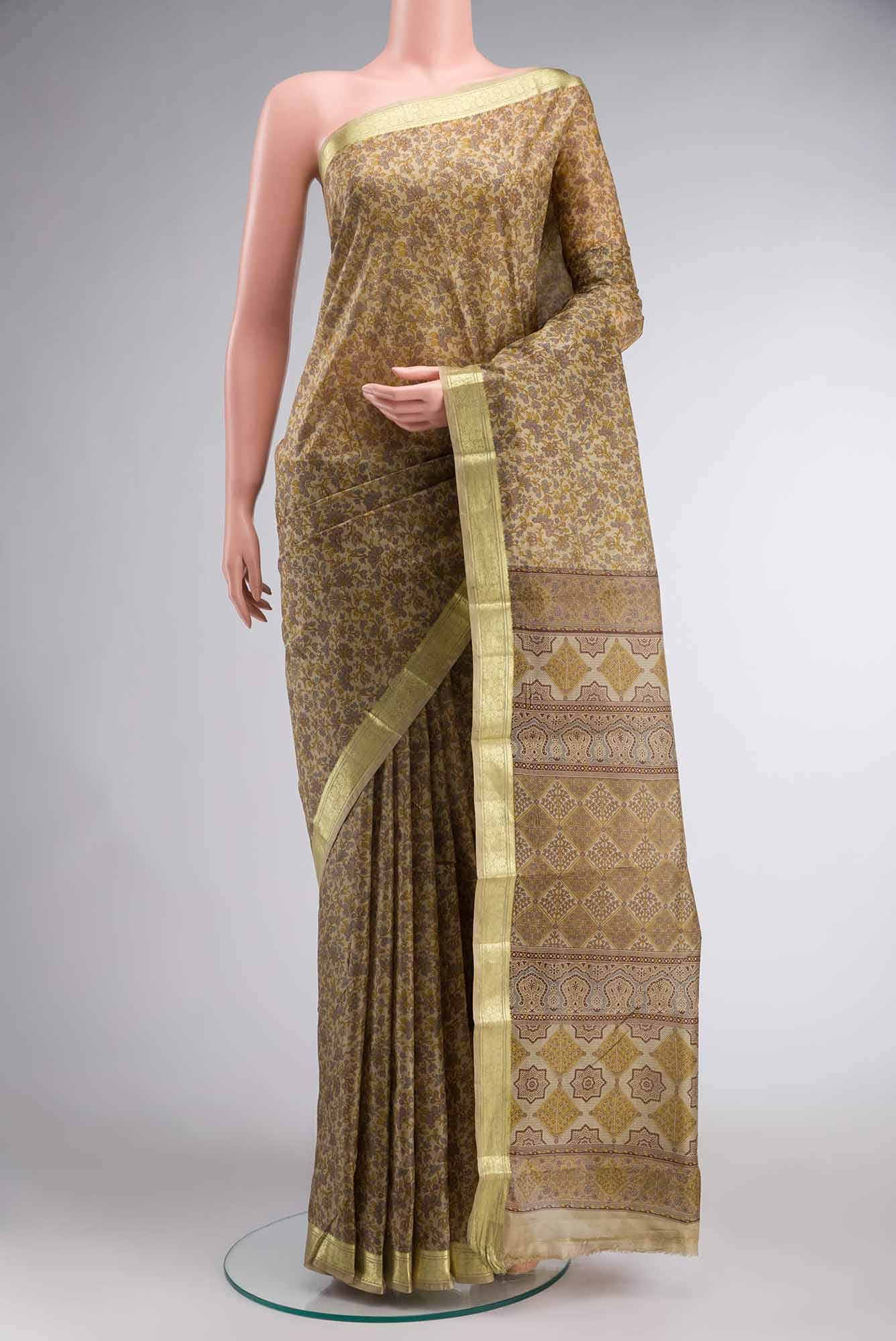 Beige Printed Silk Saree