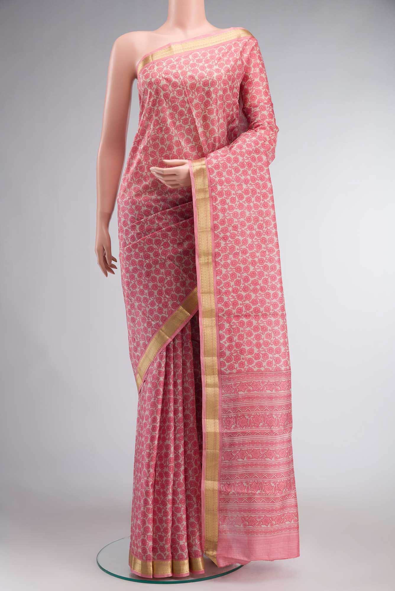 Beige Printed Silk Saree