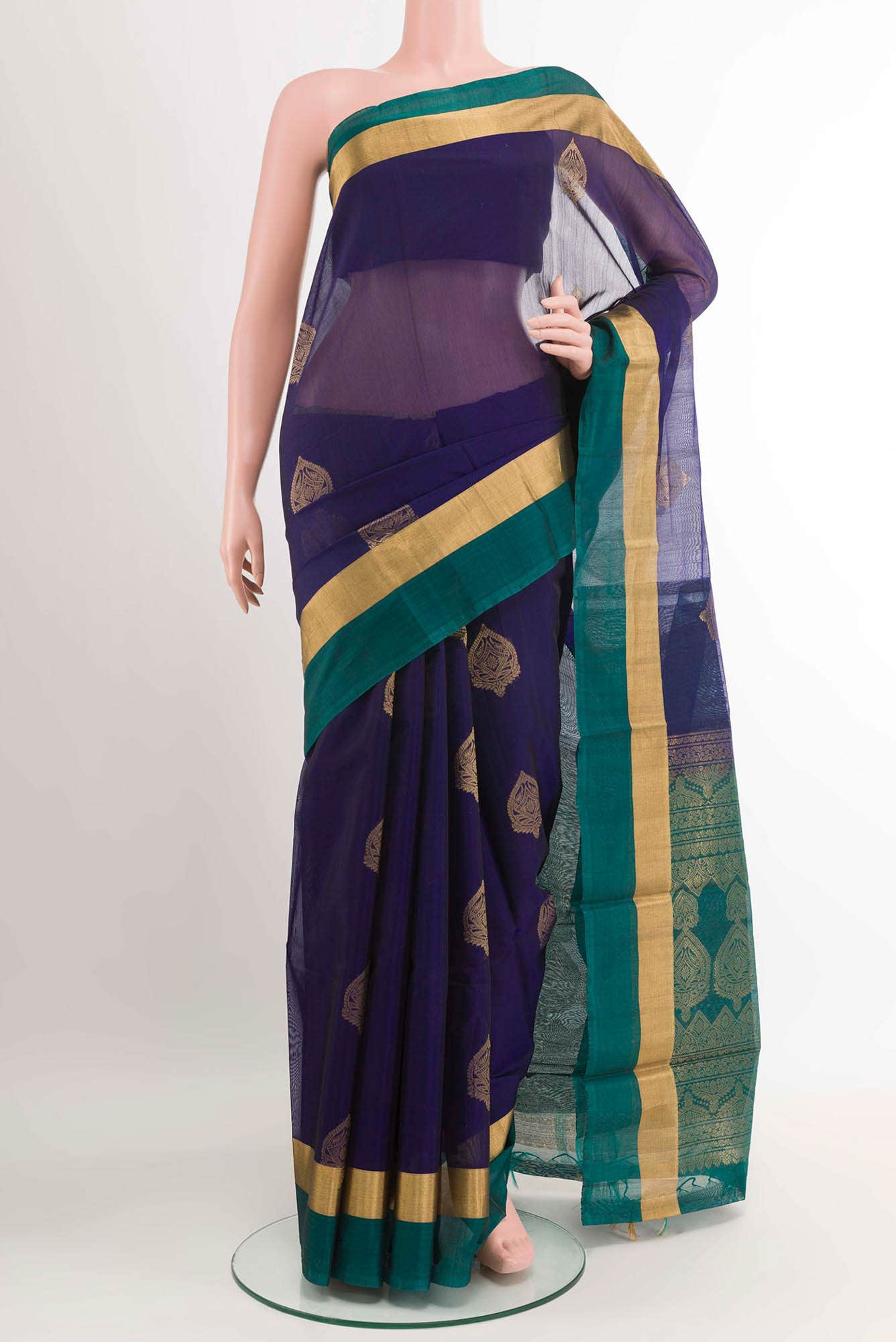 Dark Blue Blended Kora Cotton Saree