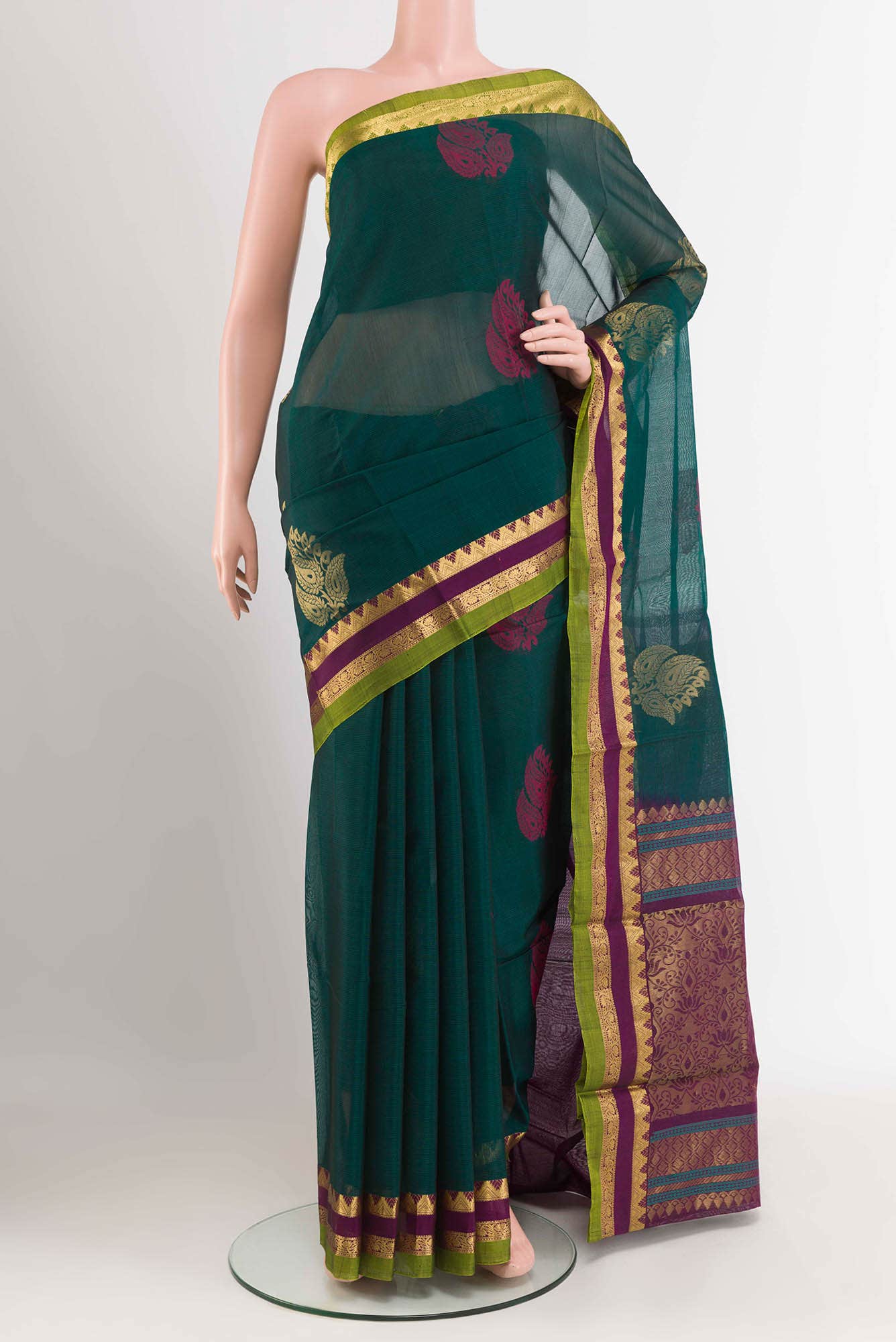 Green Blended Kora Cotton Saree