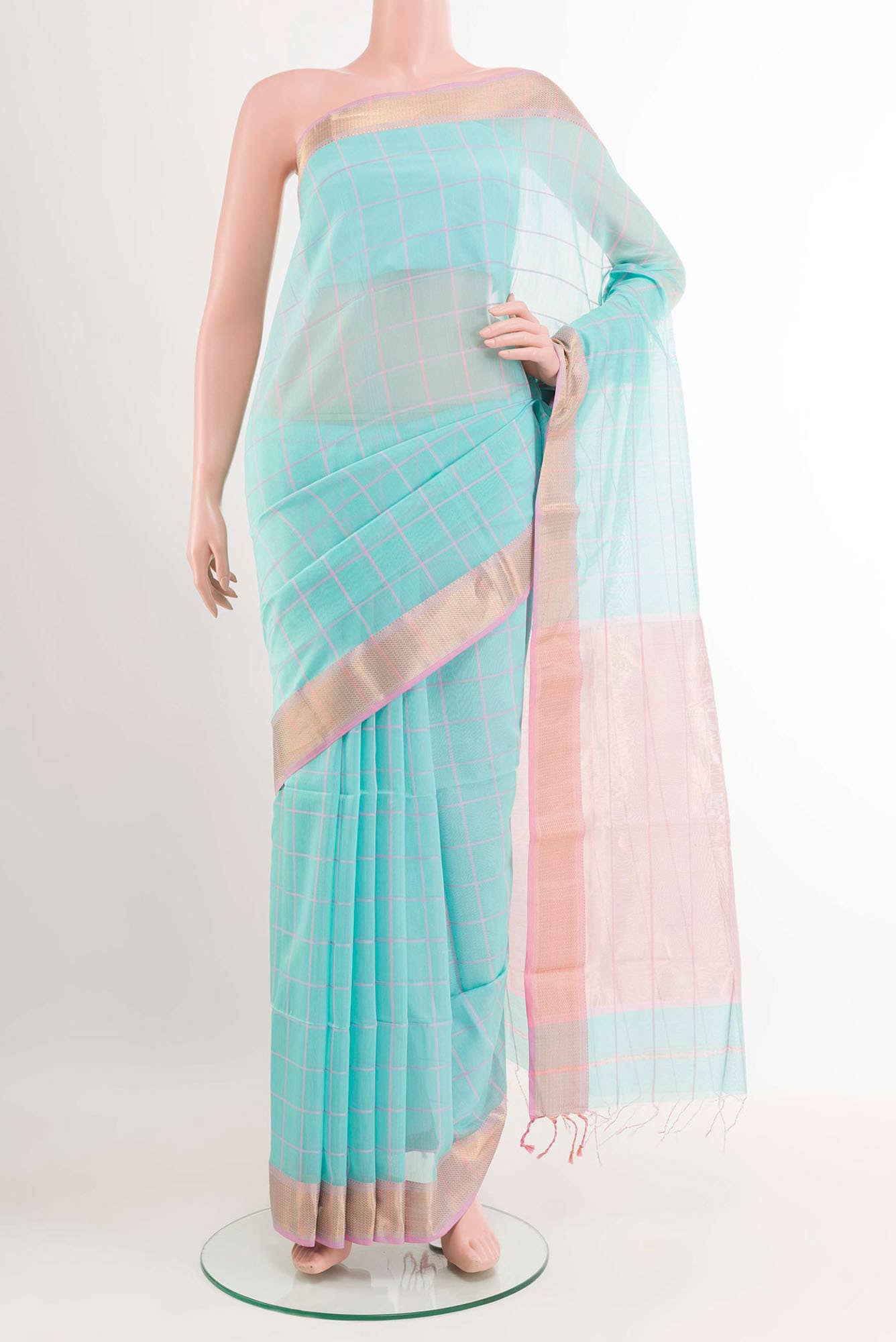 Light Blue Blended Maheshwari Silk Cotton Saree
