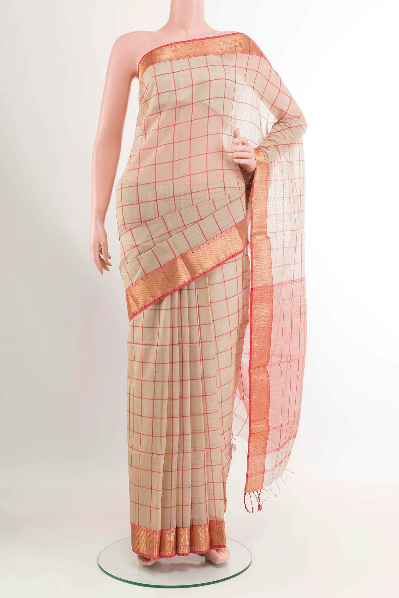 Beige Blended Maheshwari Silk Cotton Saree