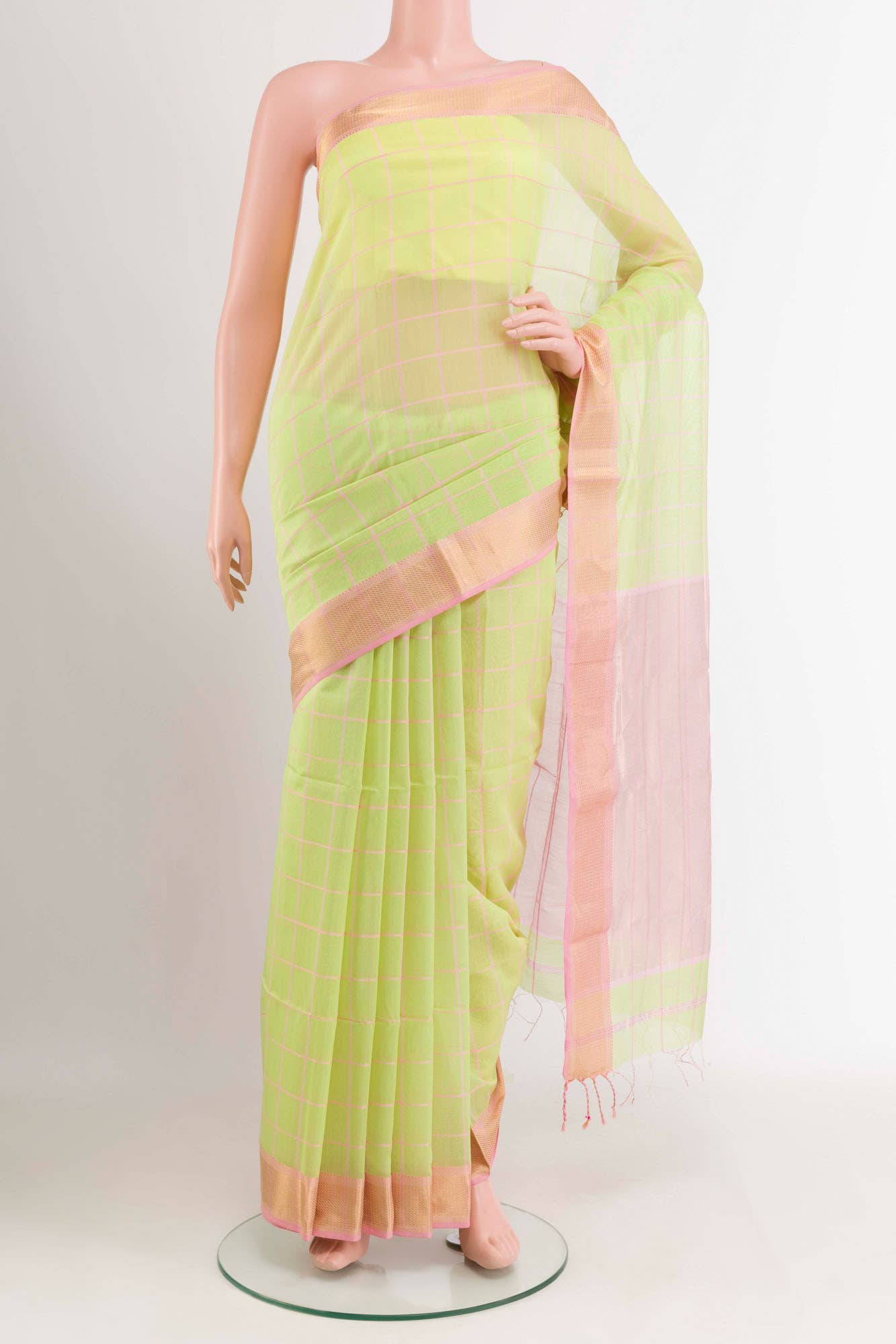 Lemon Yellow Blended Maheshwari Silk Cotton Saree