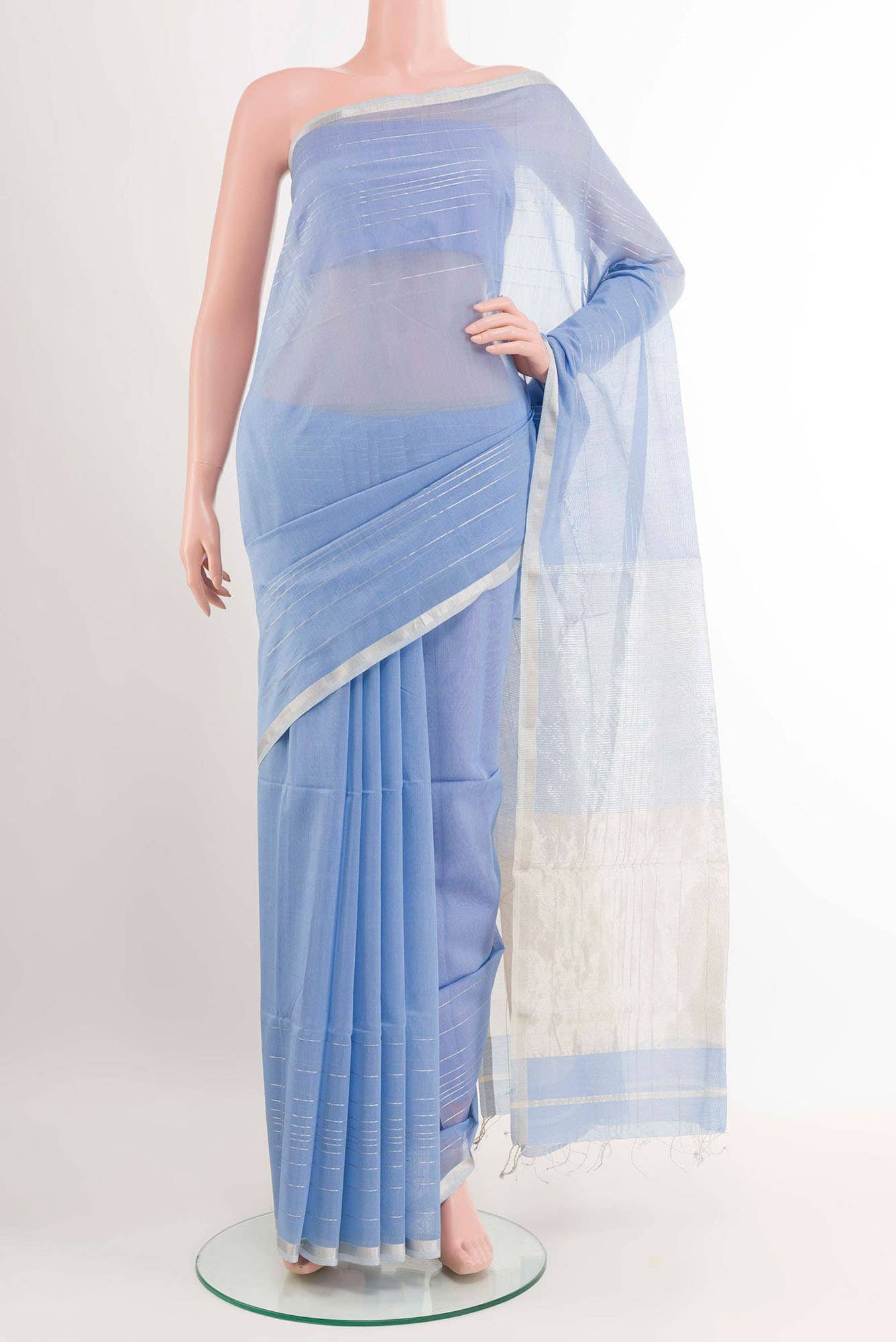 Blue Grey Blended Maheshwari Silk Cotton Saree