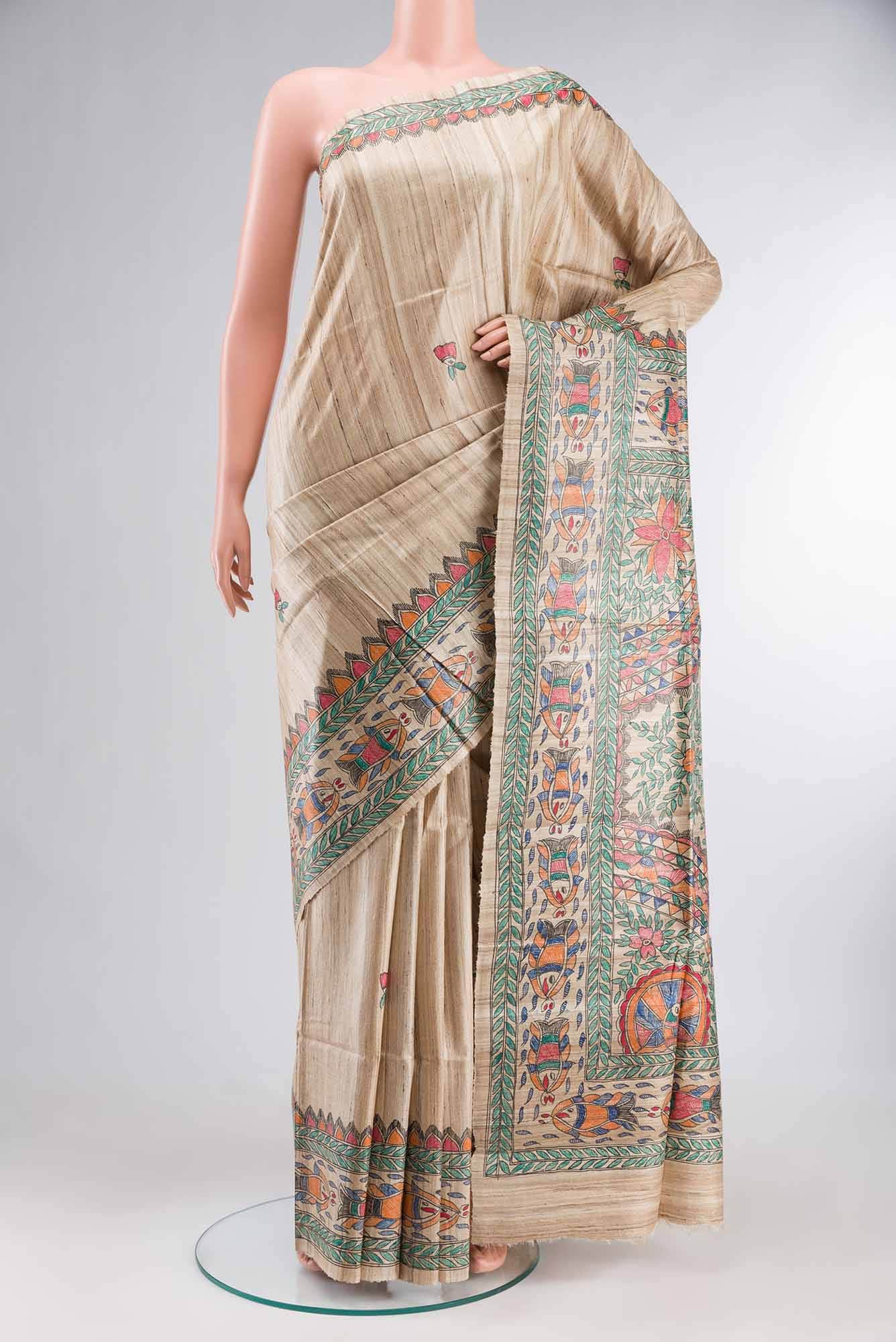Beige Bhagalpuri Tussar Silk Saree