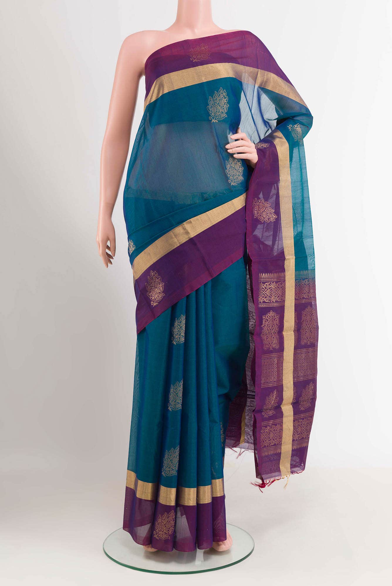 Blue Blended Kora Cotton Saree