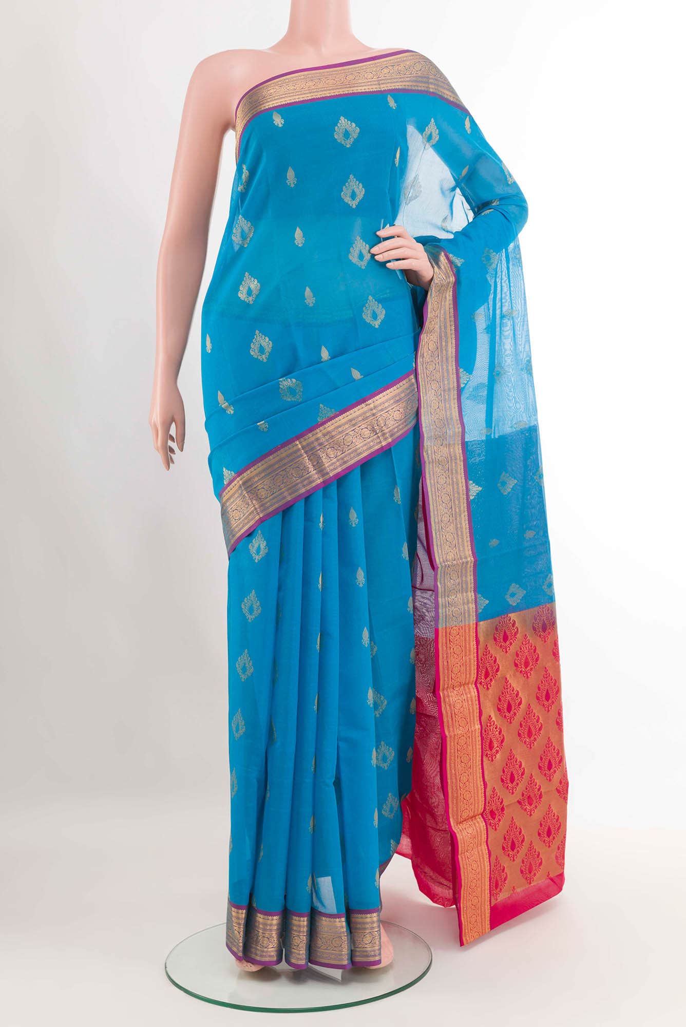Blue Blended Kora Cotton Saree