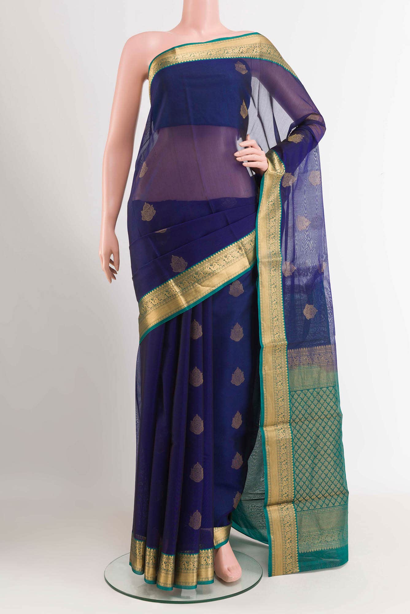 Dark Blue Blended Kora Cotton Saree