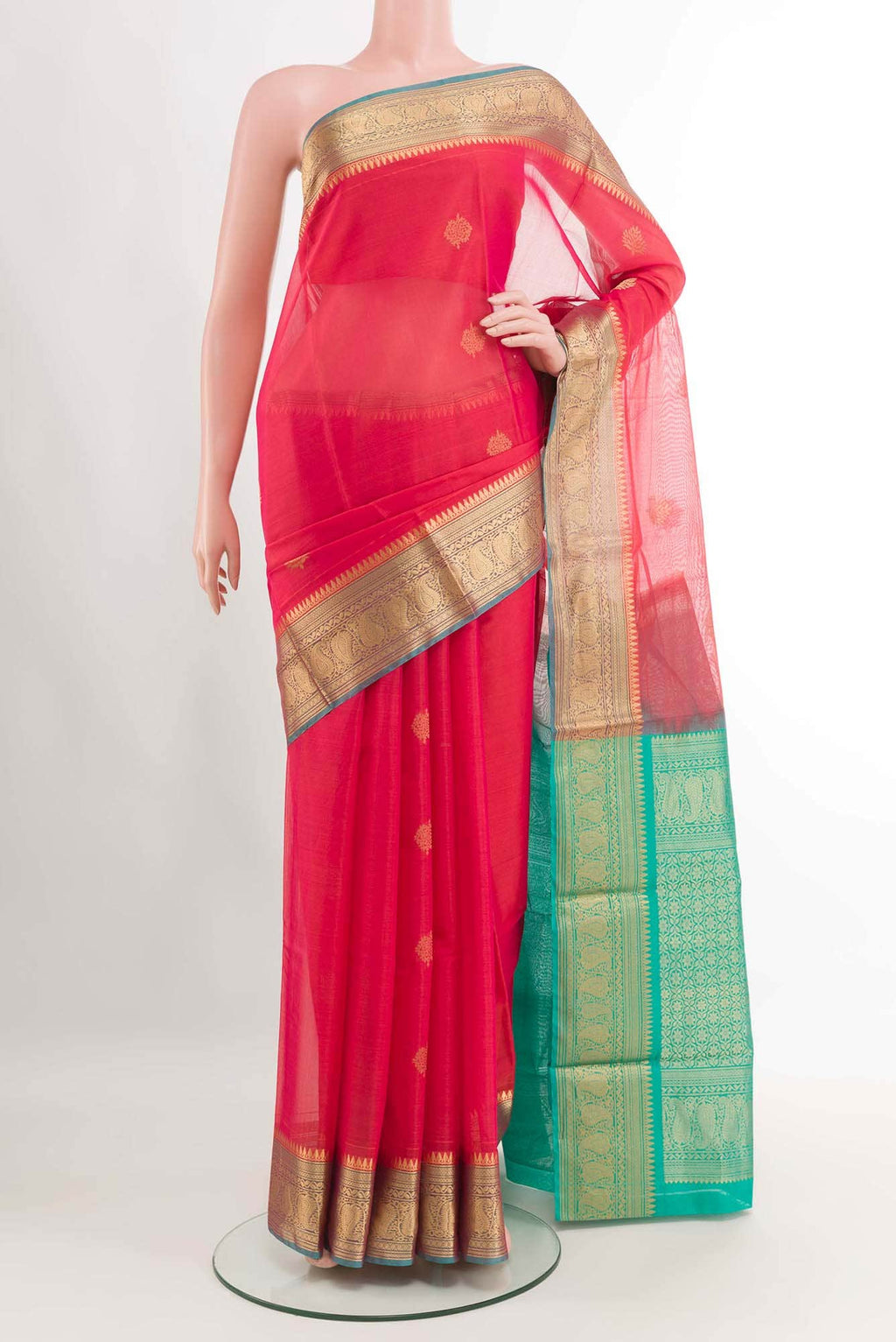 Red Dual Tone Blended Kora Cotton Saree