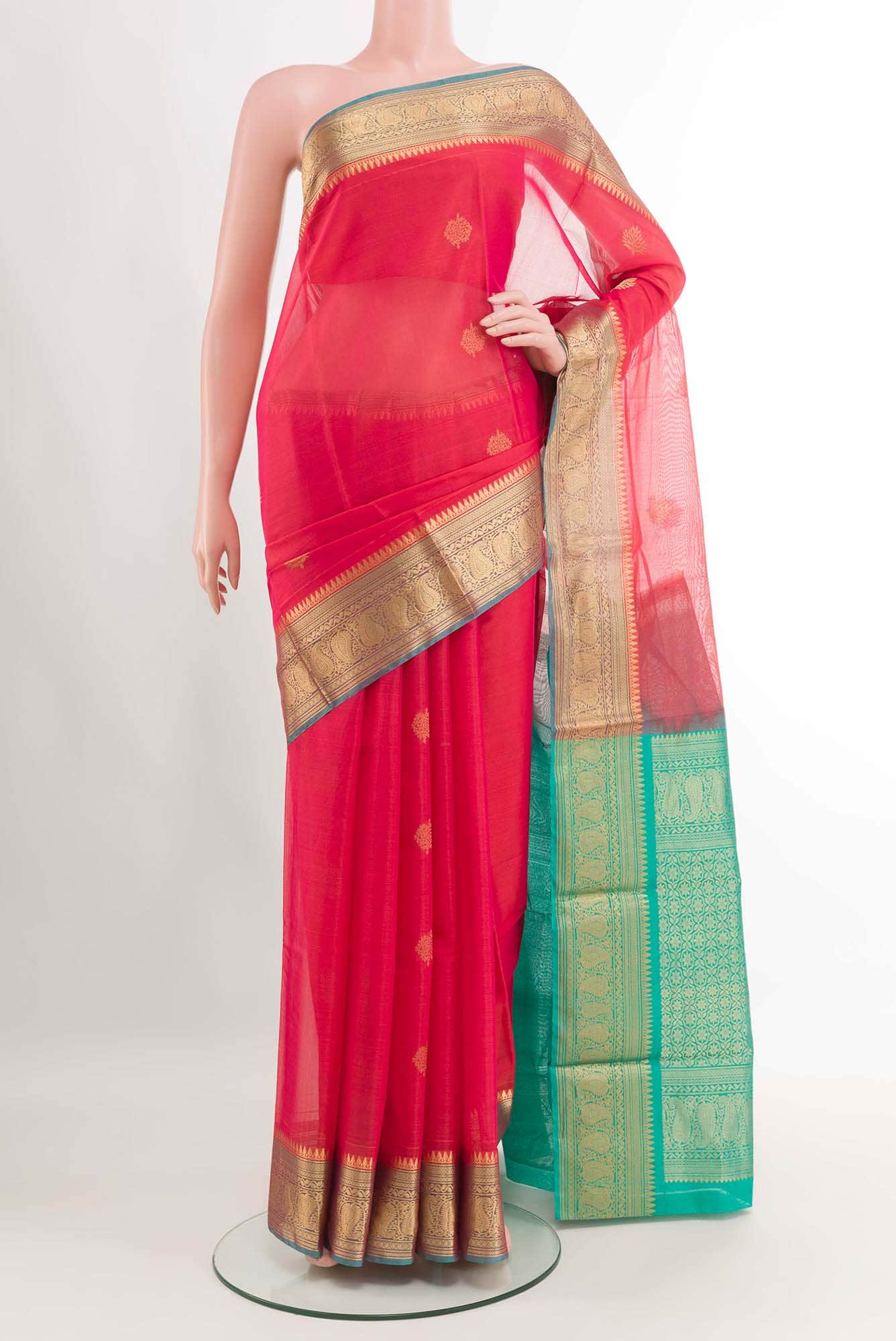 Red Dual Tone Blended Kora Cotton Saree