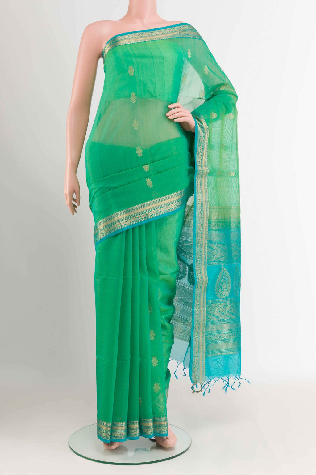 Green Blended Kora Cotton Saree