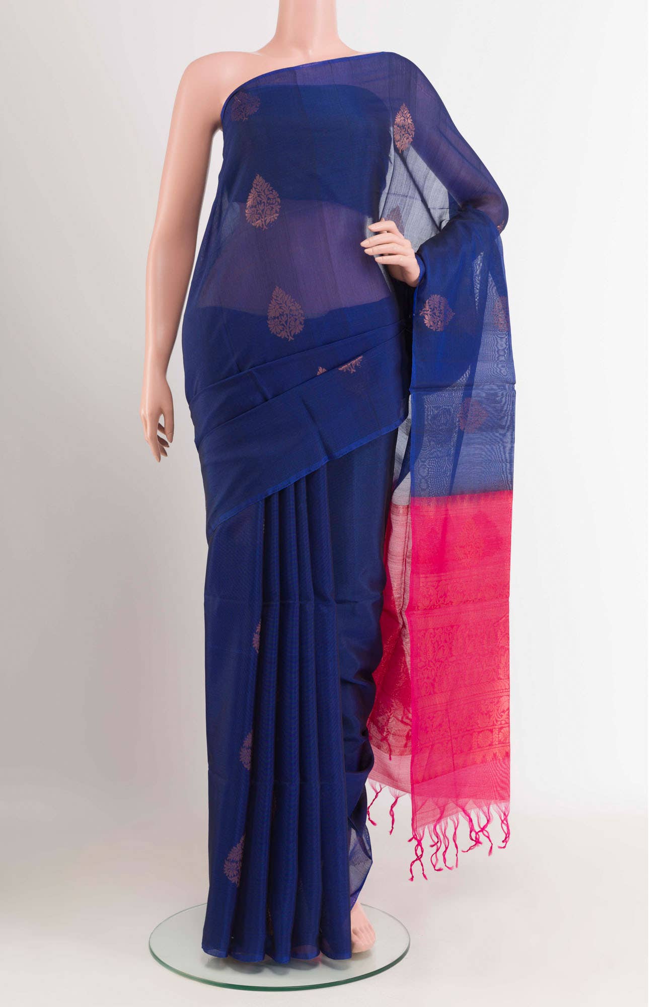 Dark Blue Blended Kora Cotton Saree