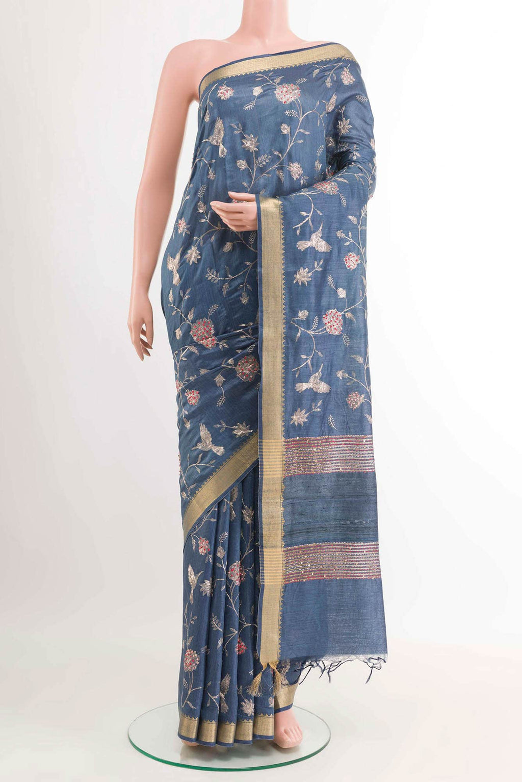 Blue Grey Tussar Saree