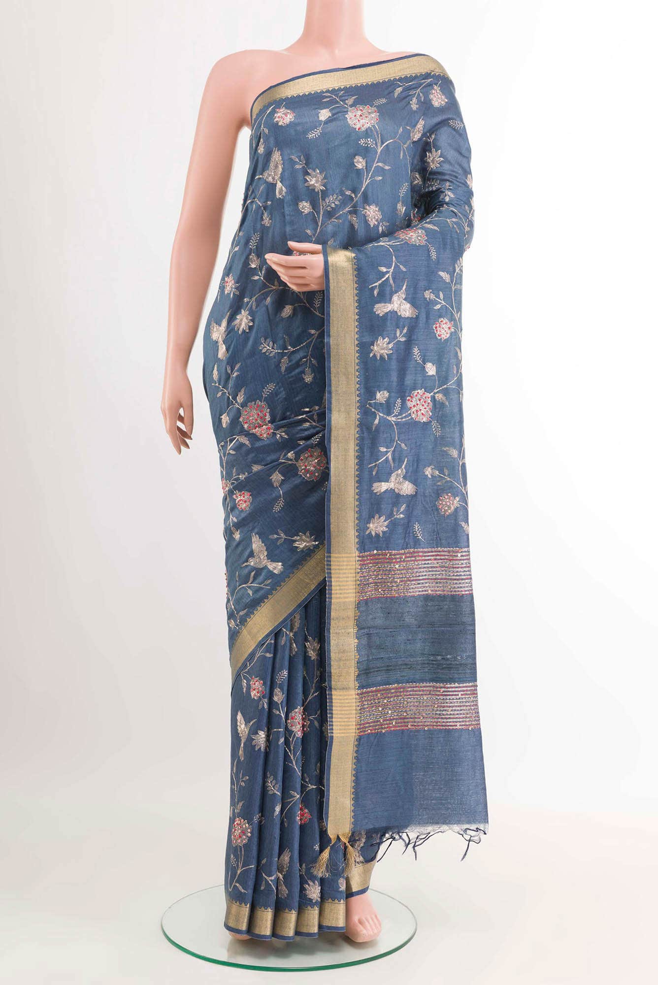 Blue Grey Tussar Saree