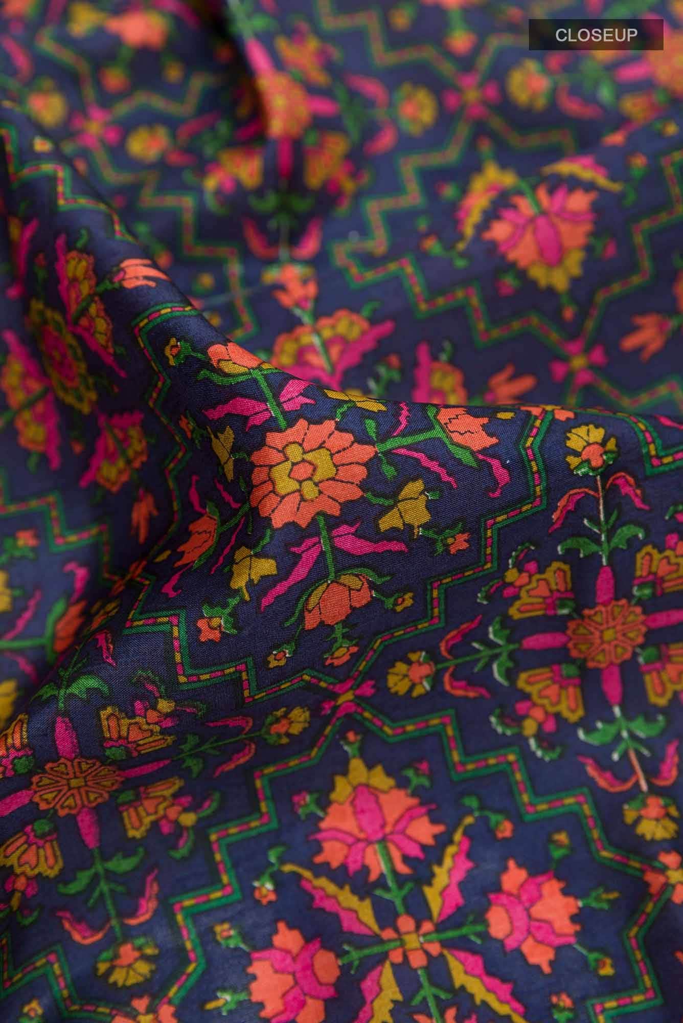 Dark Blue Printed Silk Saree