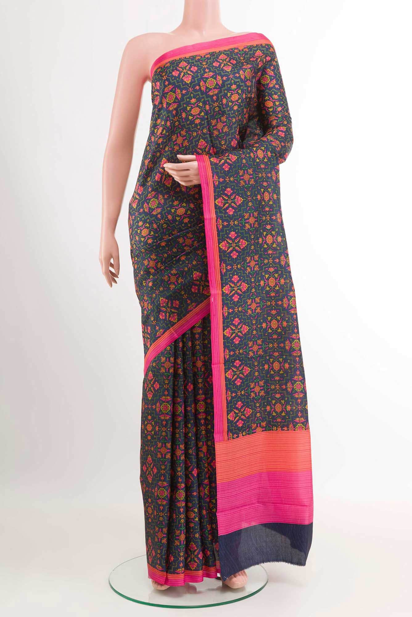 Dark Blue Printed Silk Saree