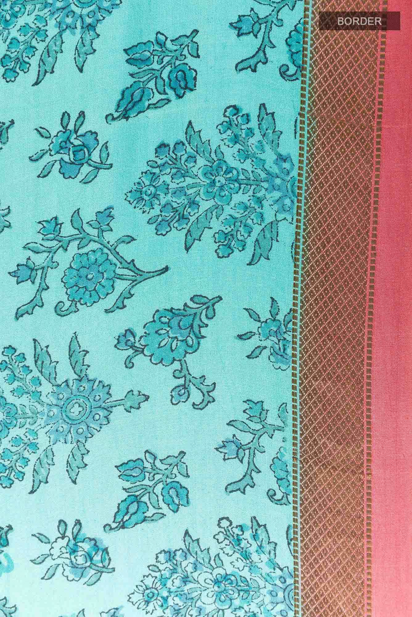 Turquoise Printed Silk Saree