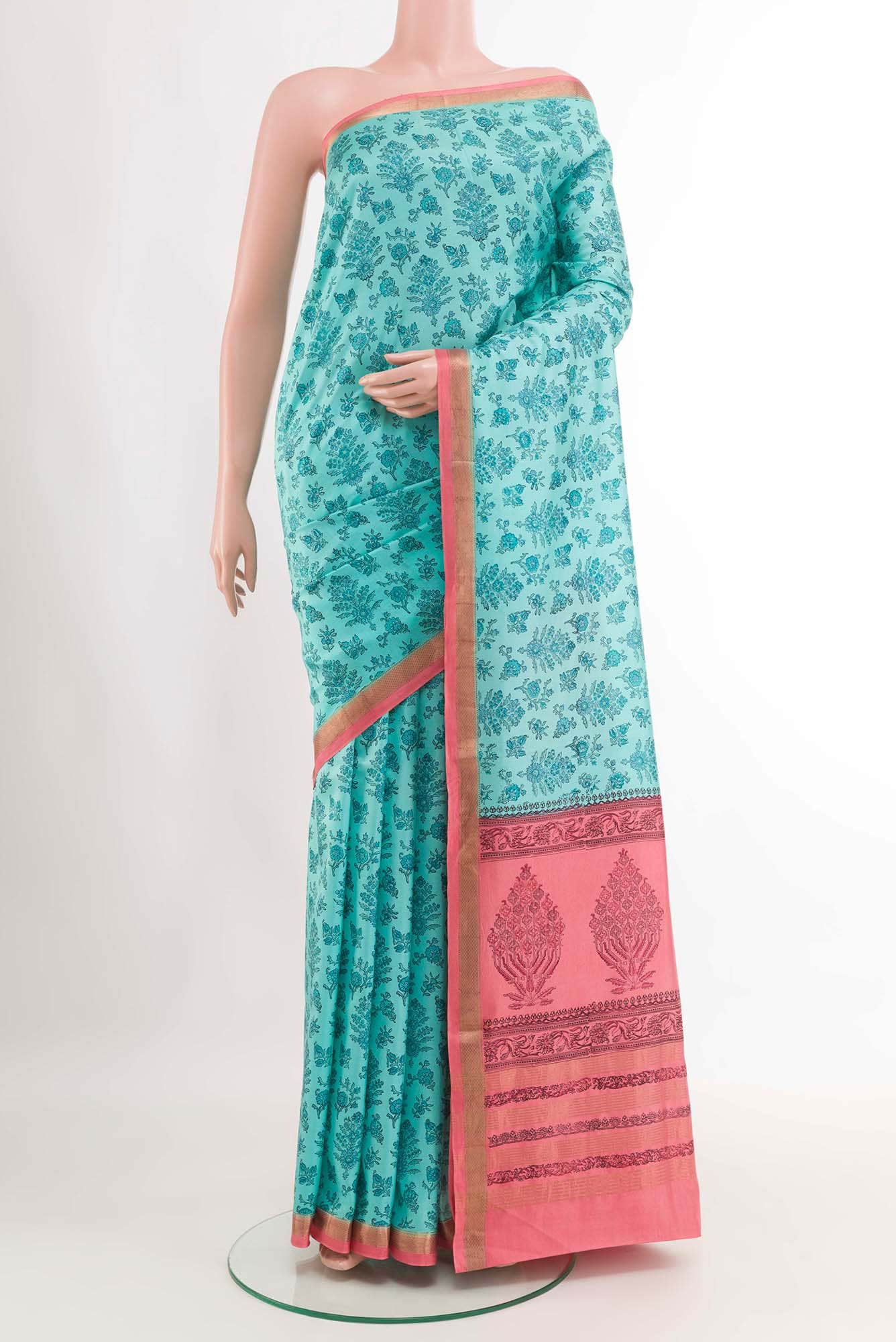 Turquoise Printed Silk Saree