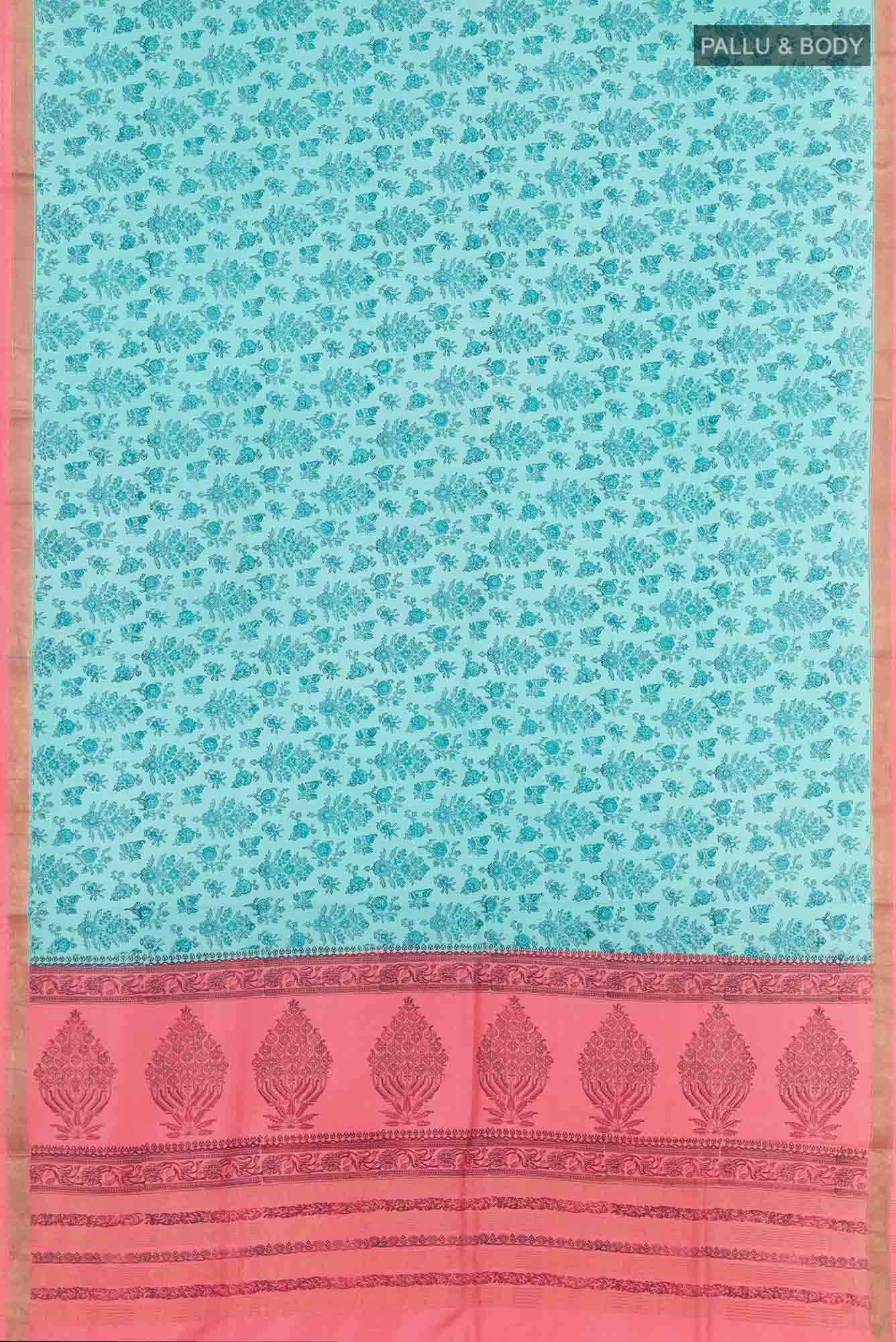 Turquoise Printed Silk Saree