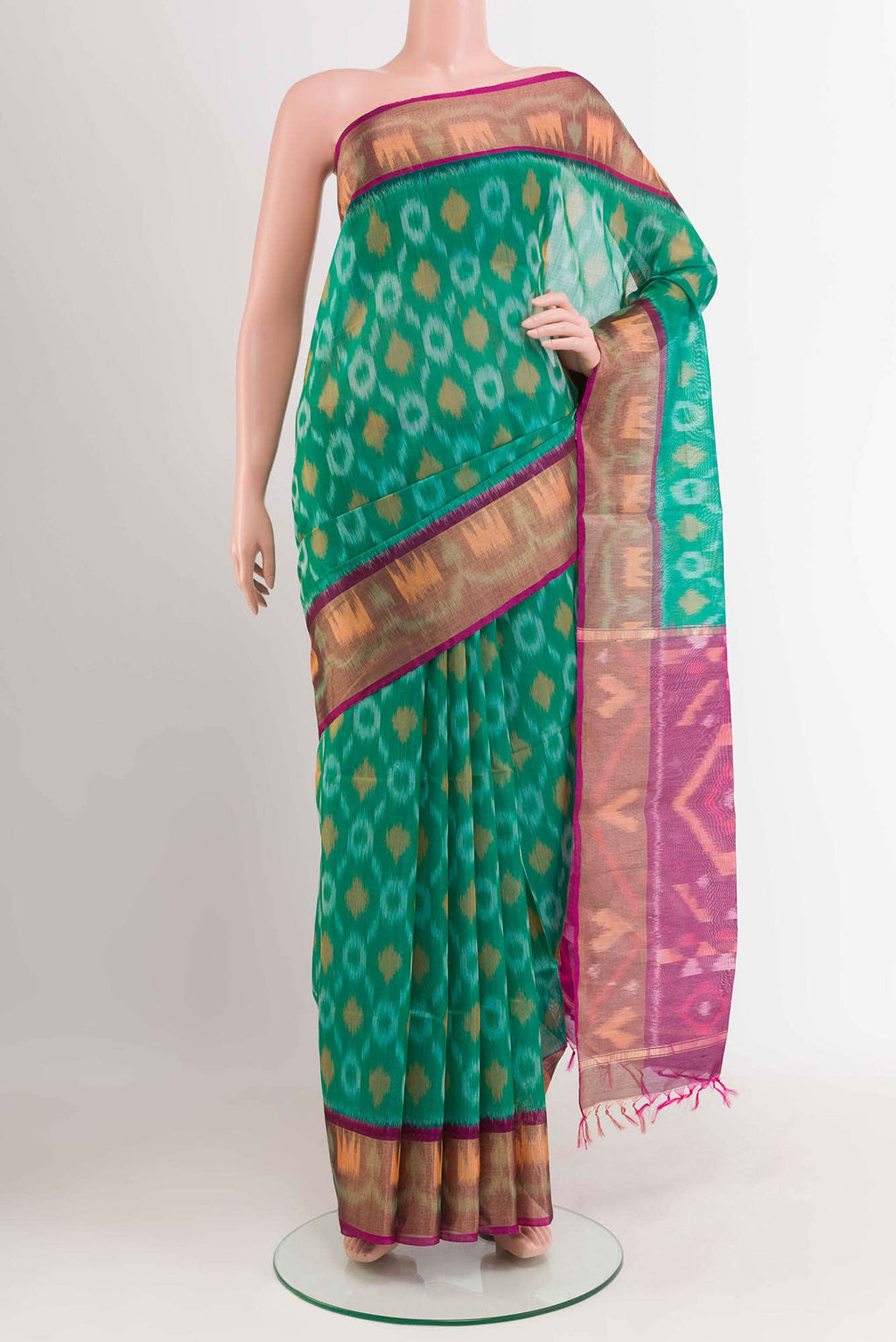 Green Blended Kora Cotton Saree