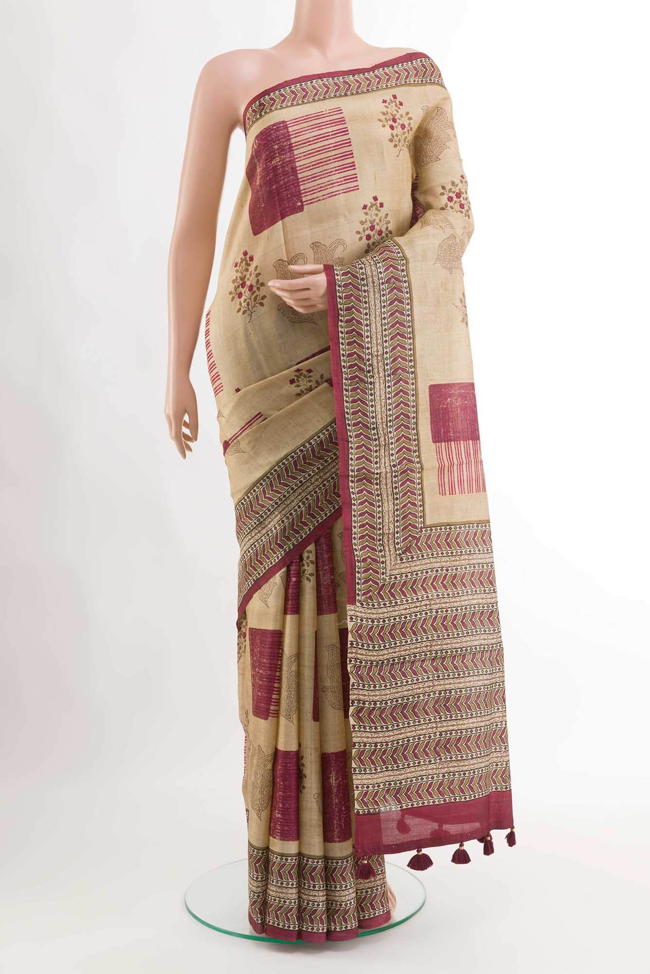 Beige Tussar Silk Saree