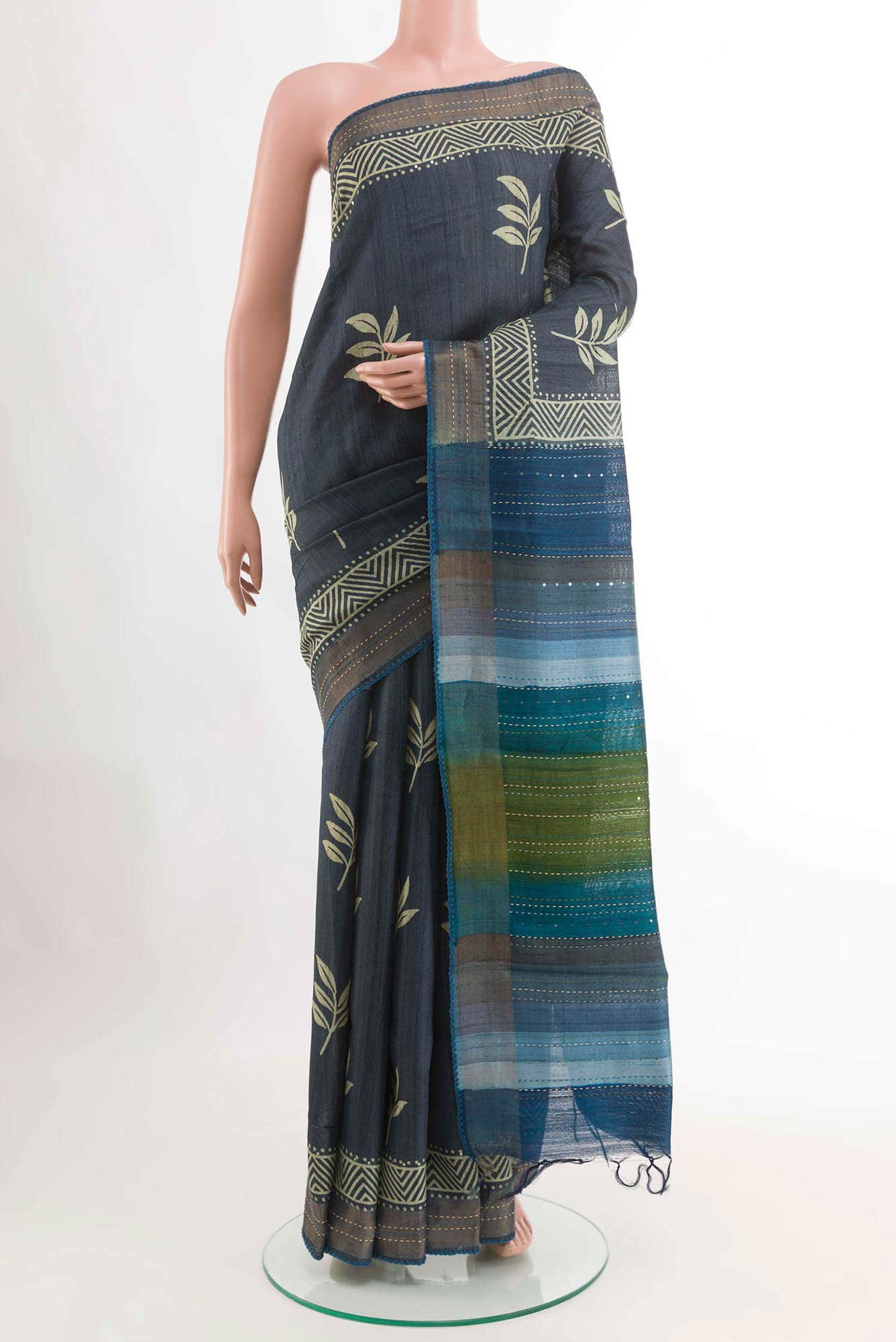 Dark Blue Tussar Silk Saree