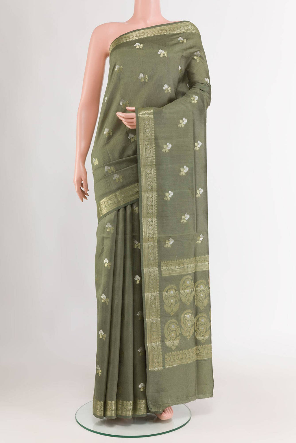 Olive Green Tussar Silk Saree