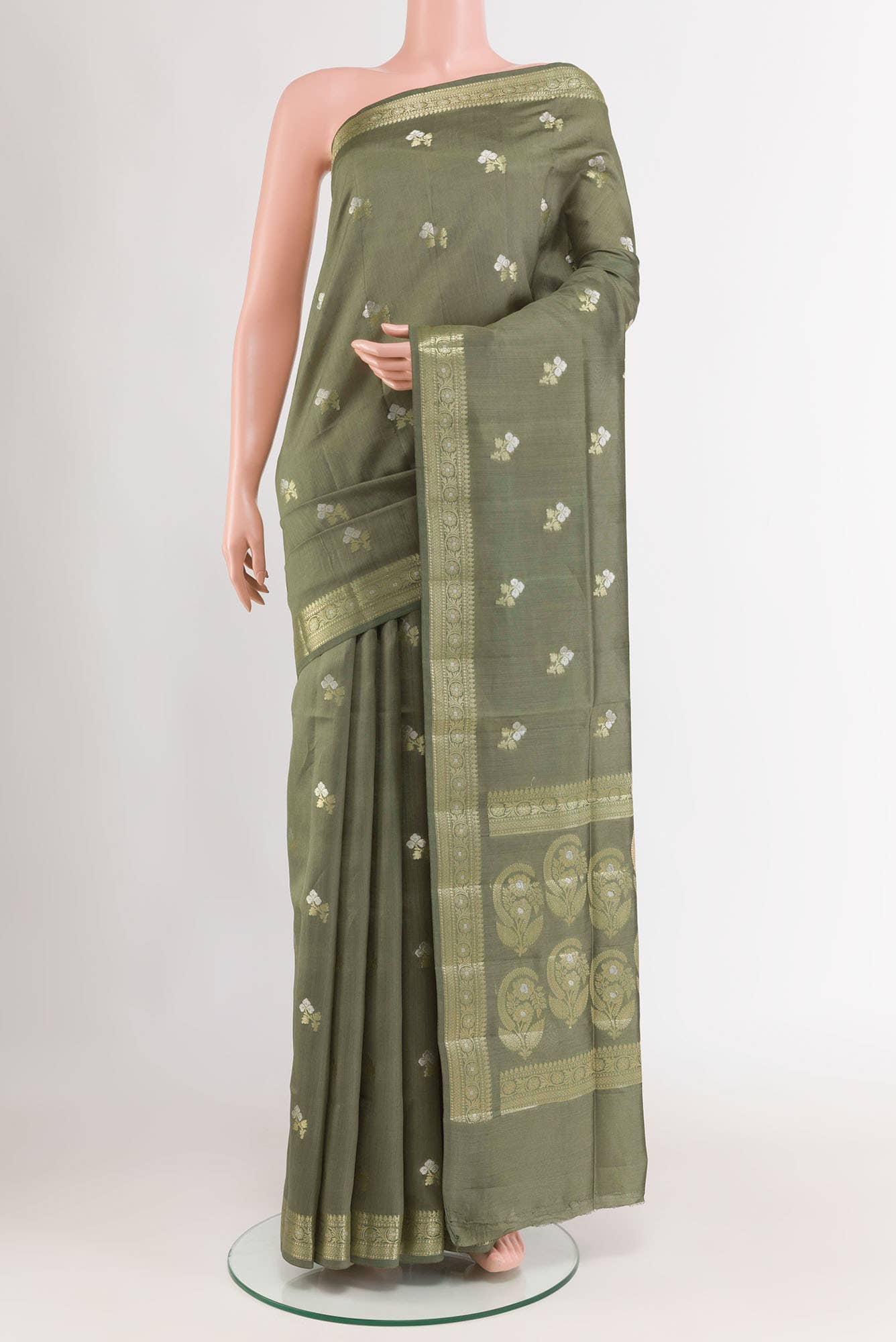 Olive Green Tussar Silk Saree