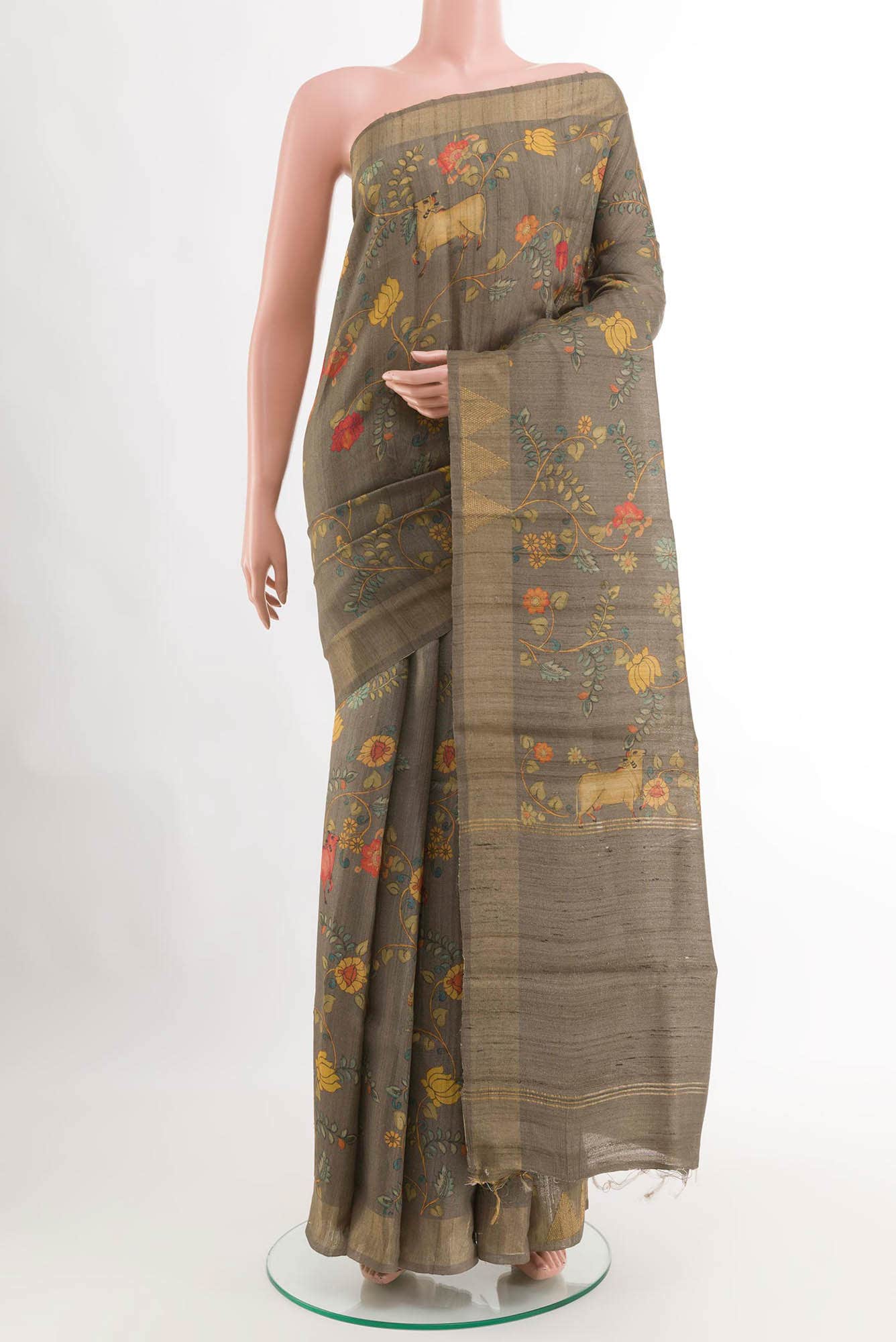 Dark Beige Tussar Silk Saree