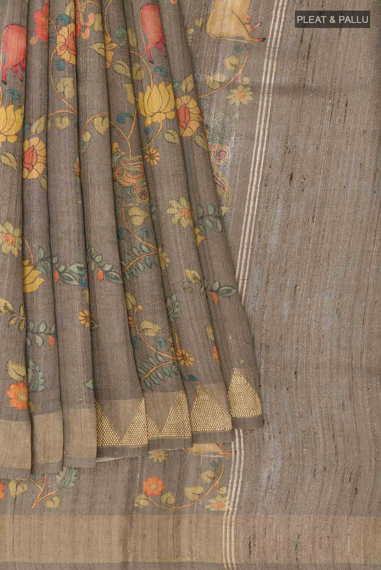 Dark Beige Tussar Silk Saree