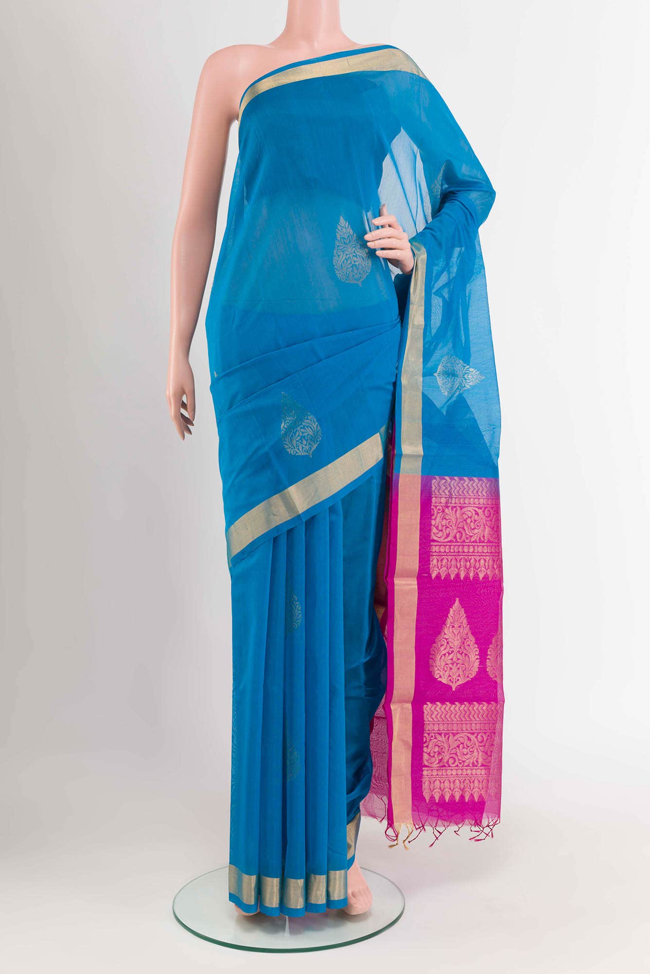 Blue Blended Kora Cotton Saree