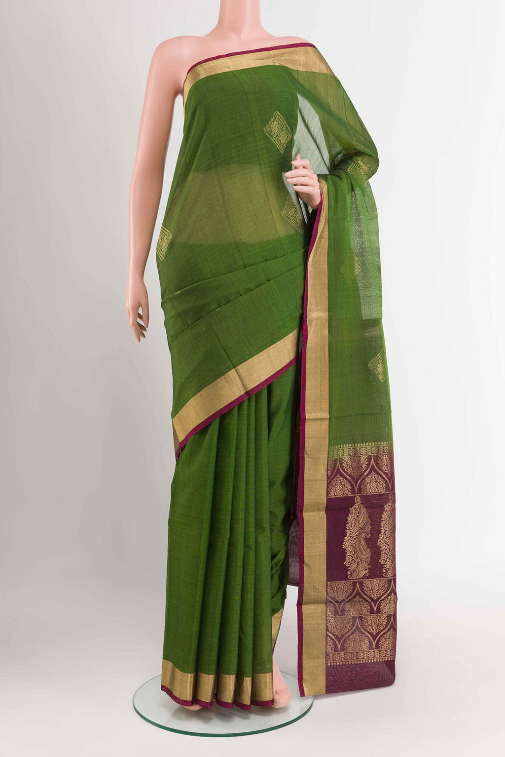 Green Blended Kora Cotton Saree