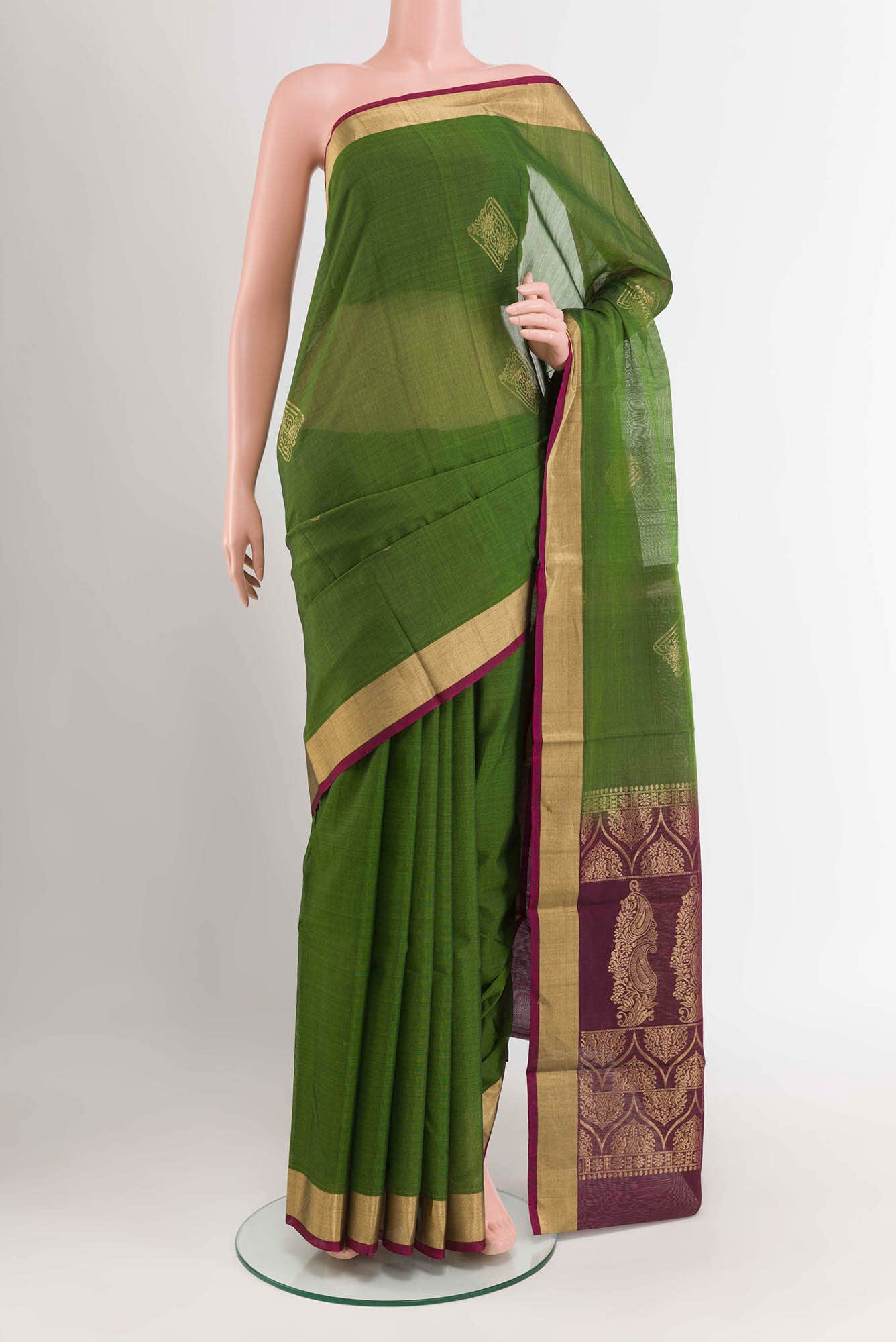 Green Blended Kora Cotton Saree