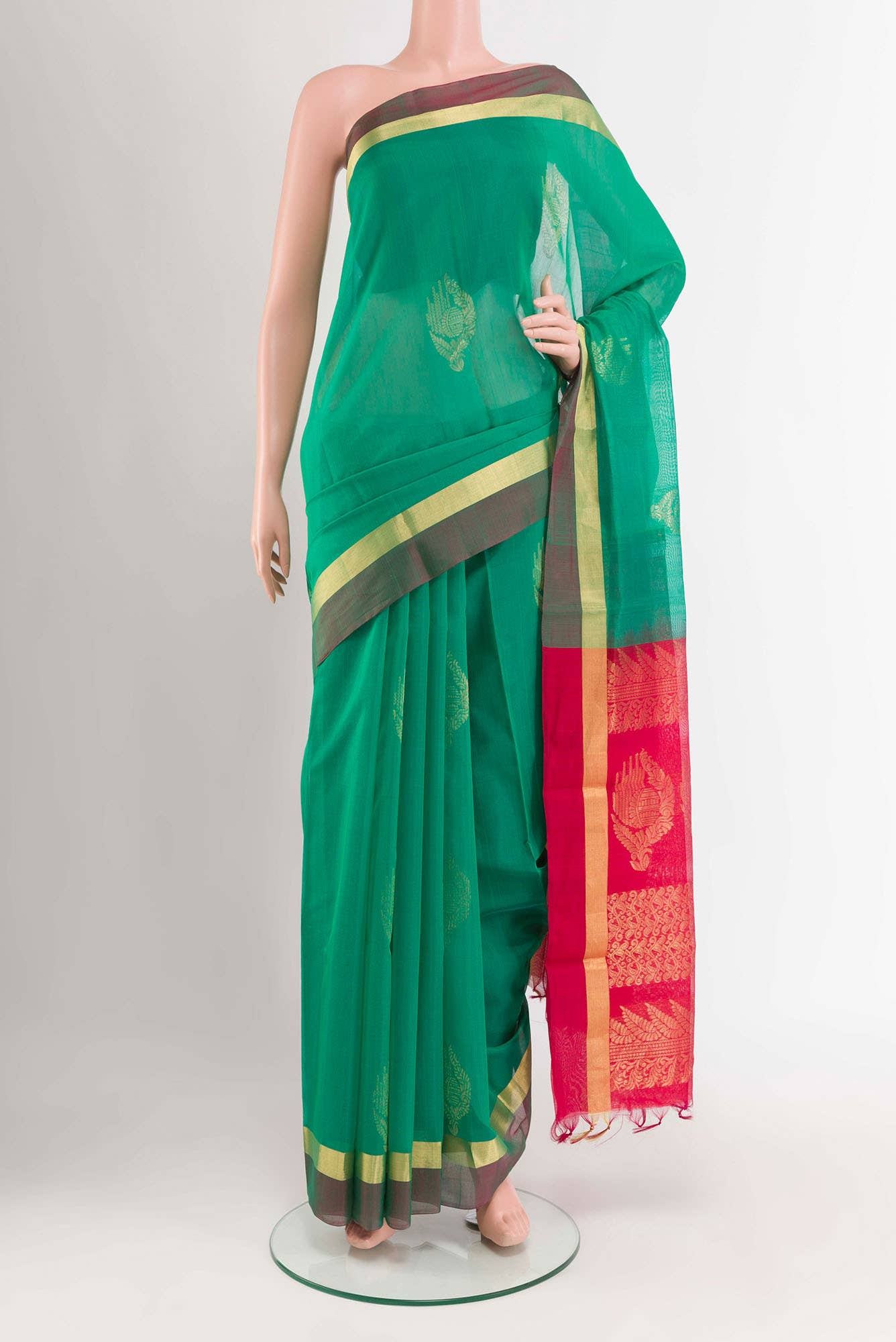 Green Blended Kora Cotton Saree