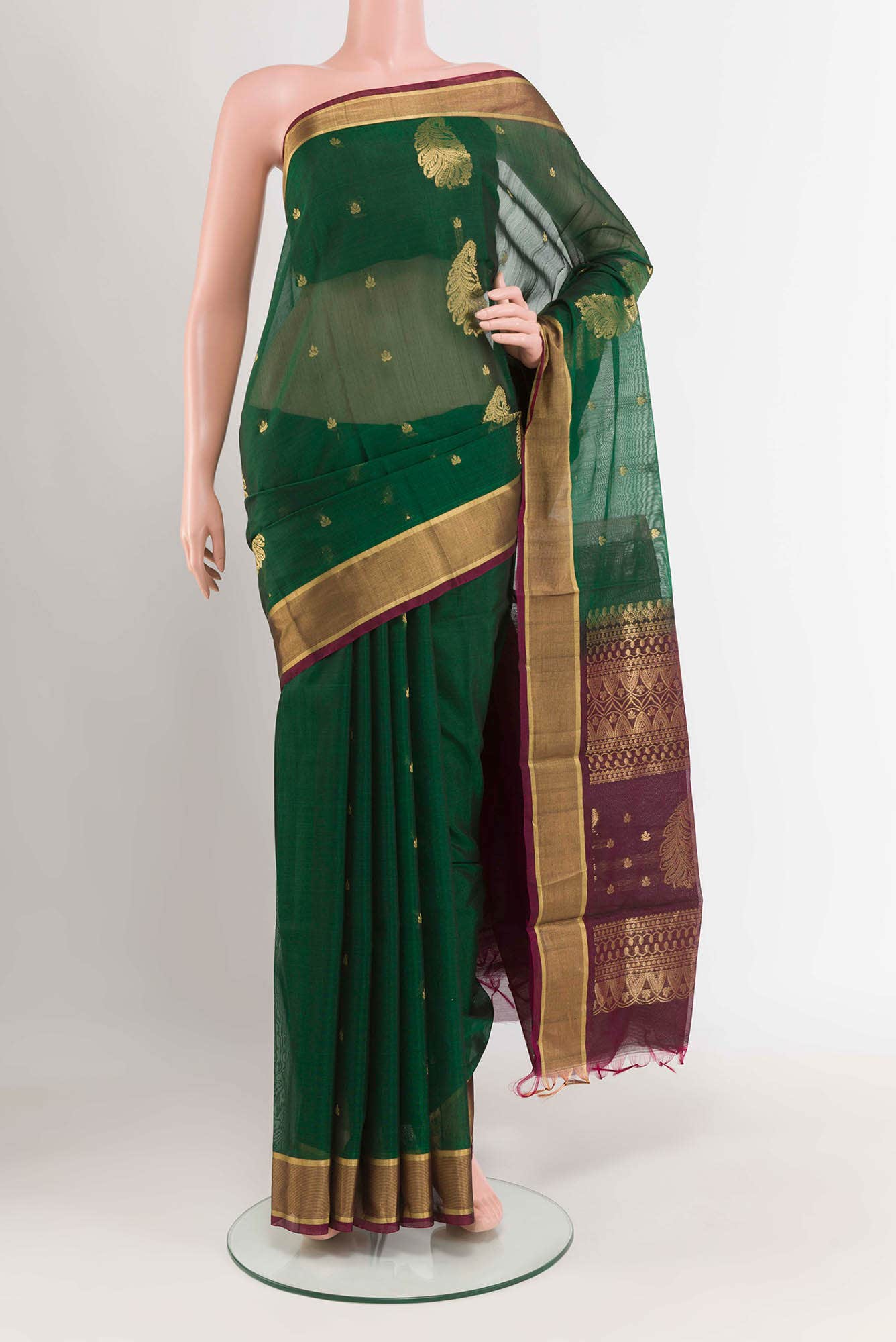 Green Blended Kora Cotton Saree