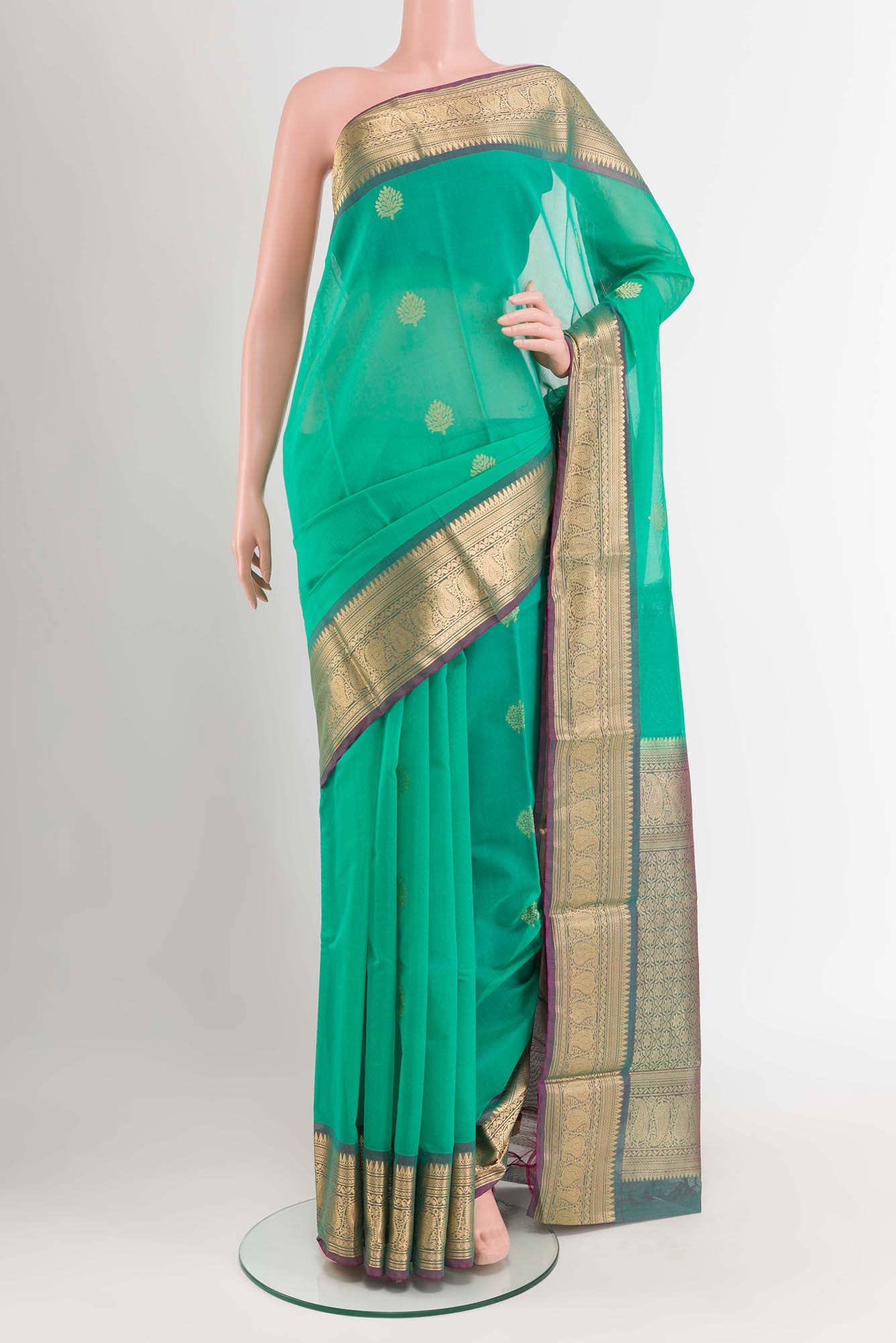 Green Blended Kora Cotton Saree