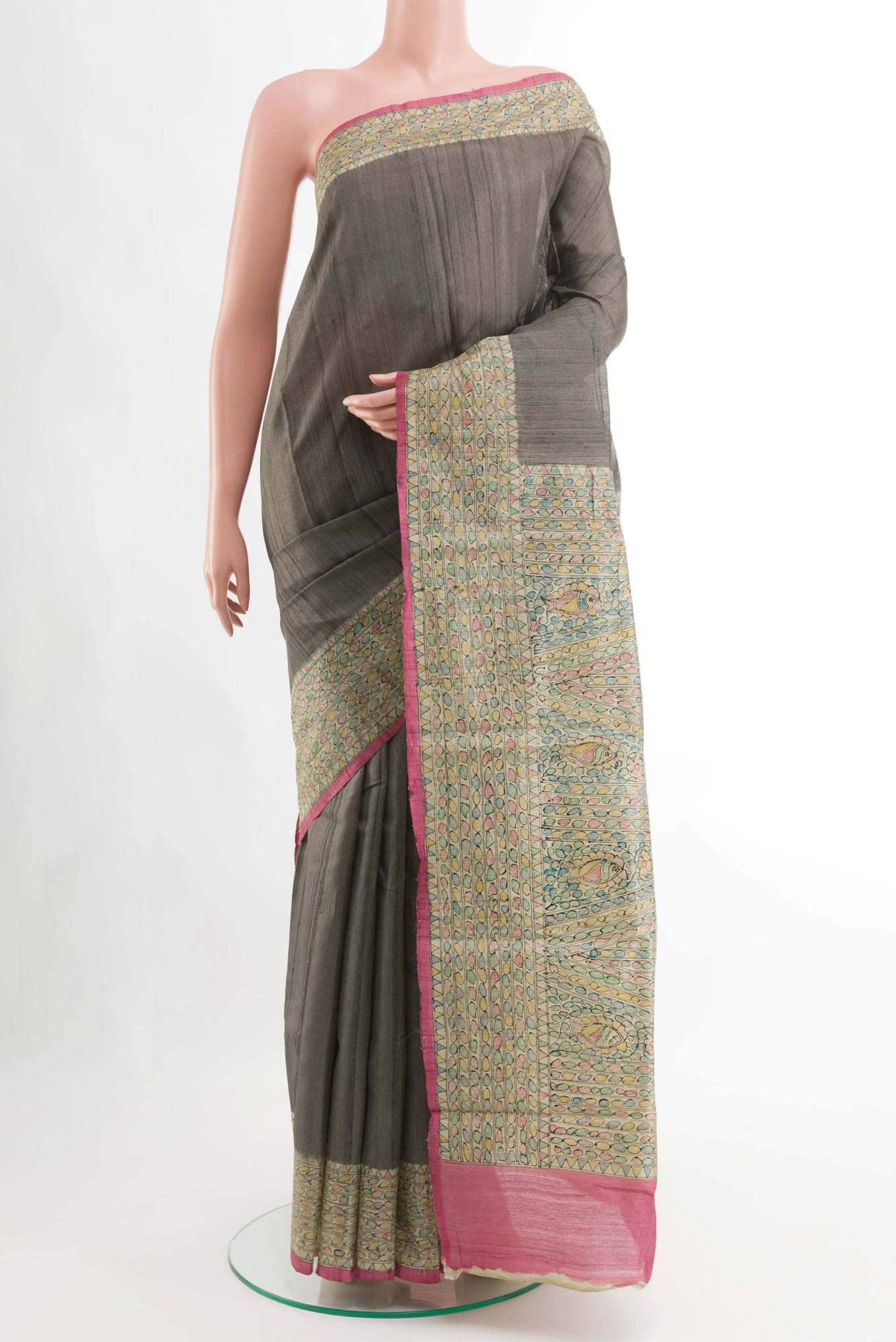 Grey Tussar Silk Saree
