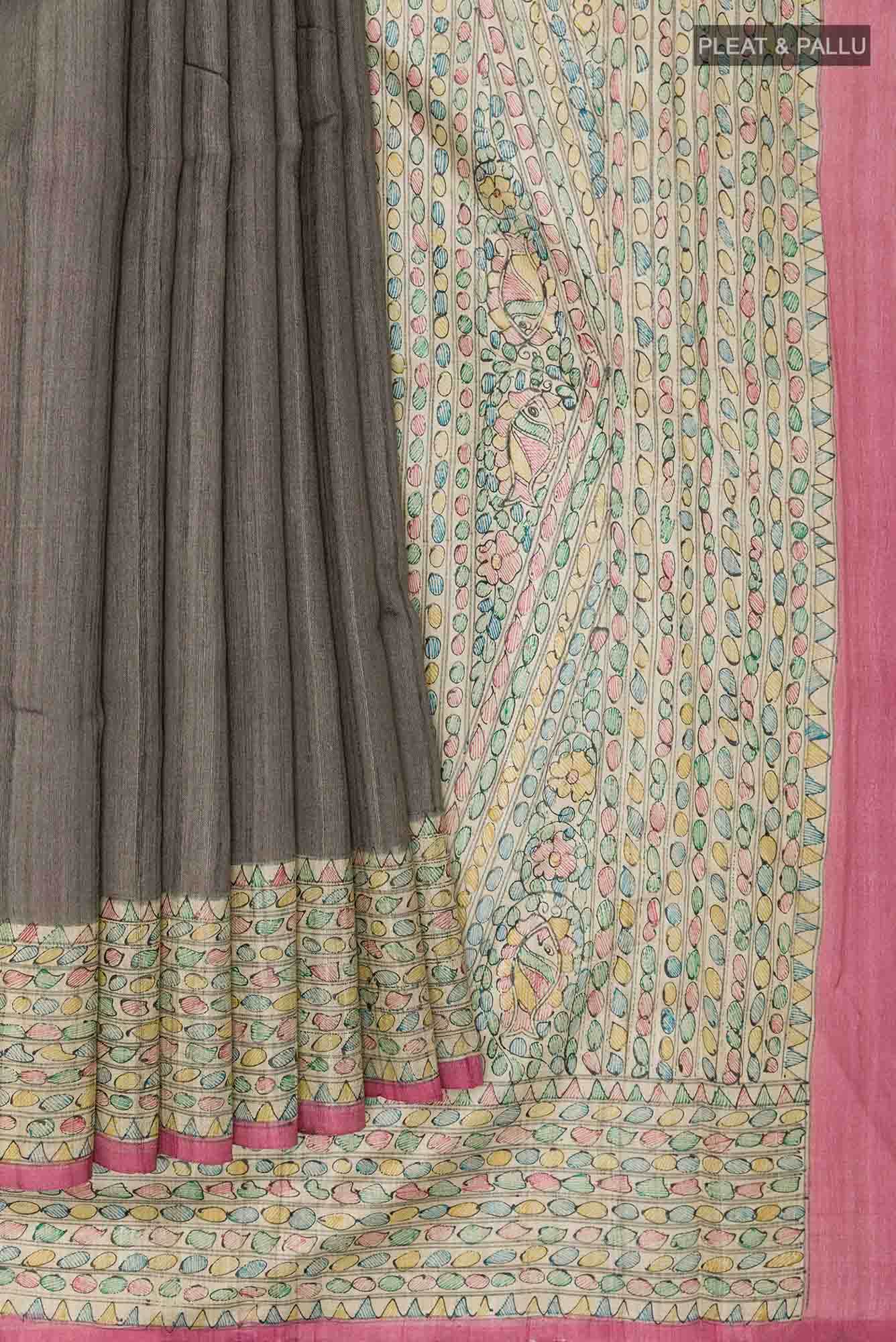 Grey Tussar Silk Saree