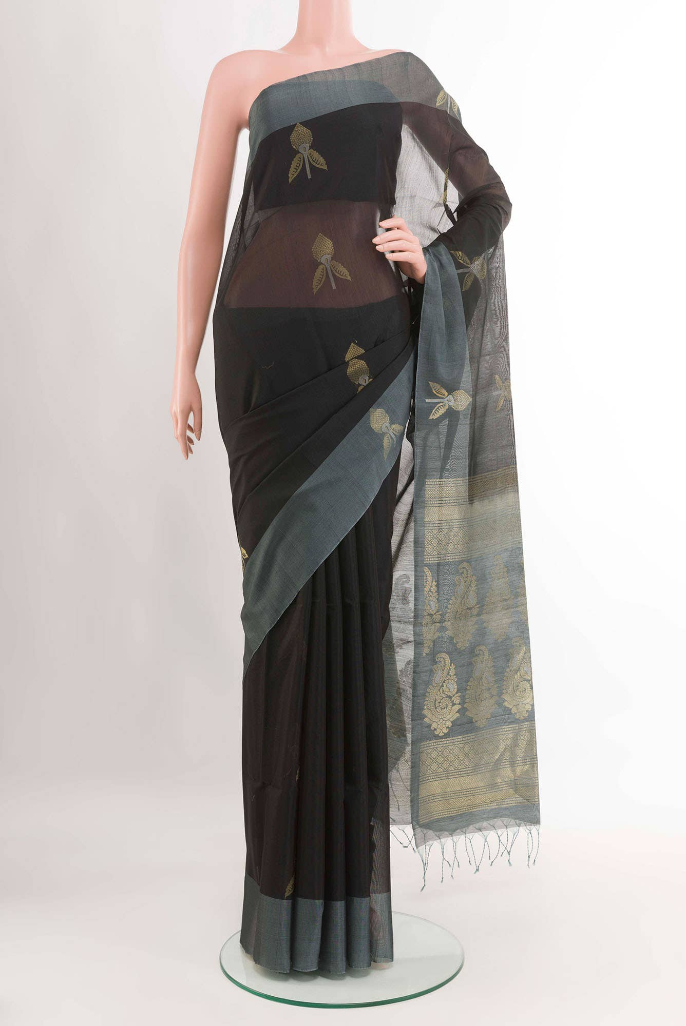 Black Blended Kora Cotton Saree