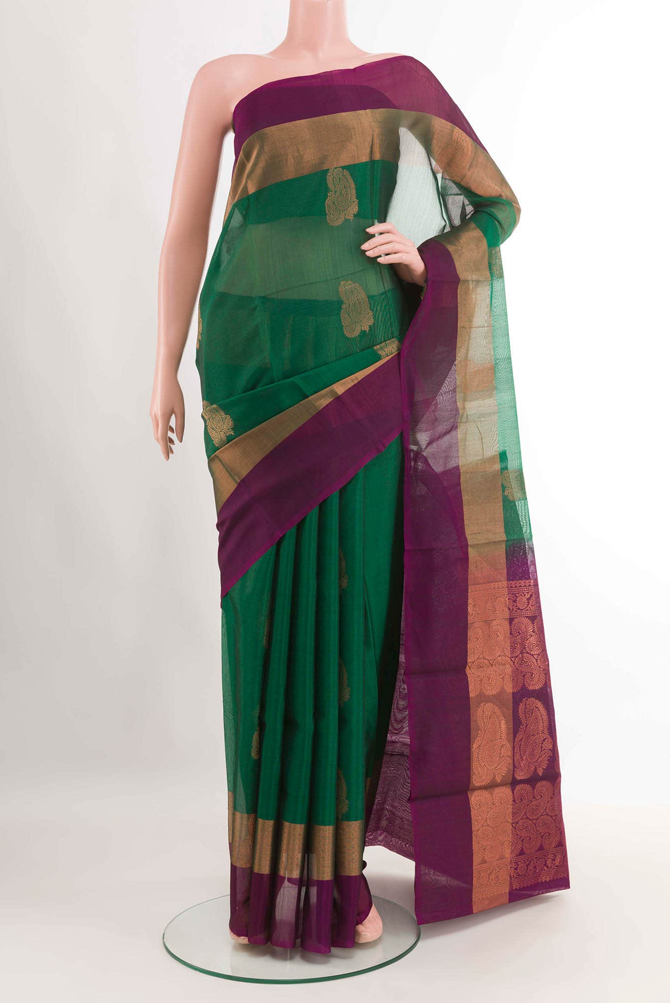Green Blended Kora Cotton Saree
