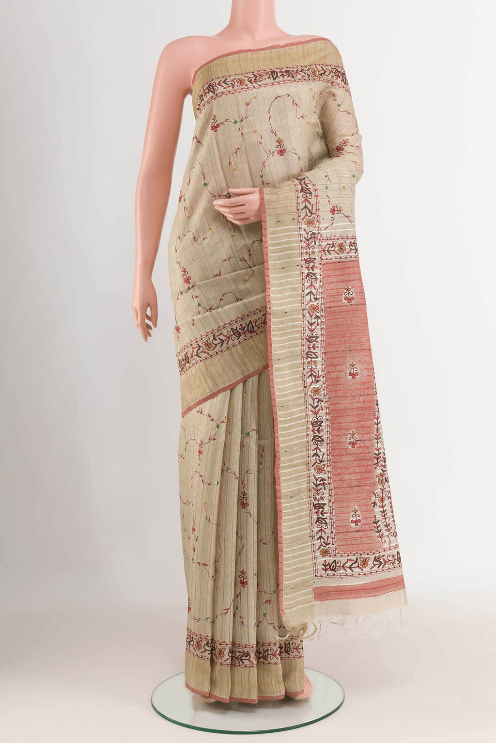 Beige Tussar Silk Saree