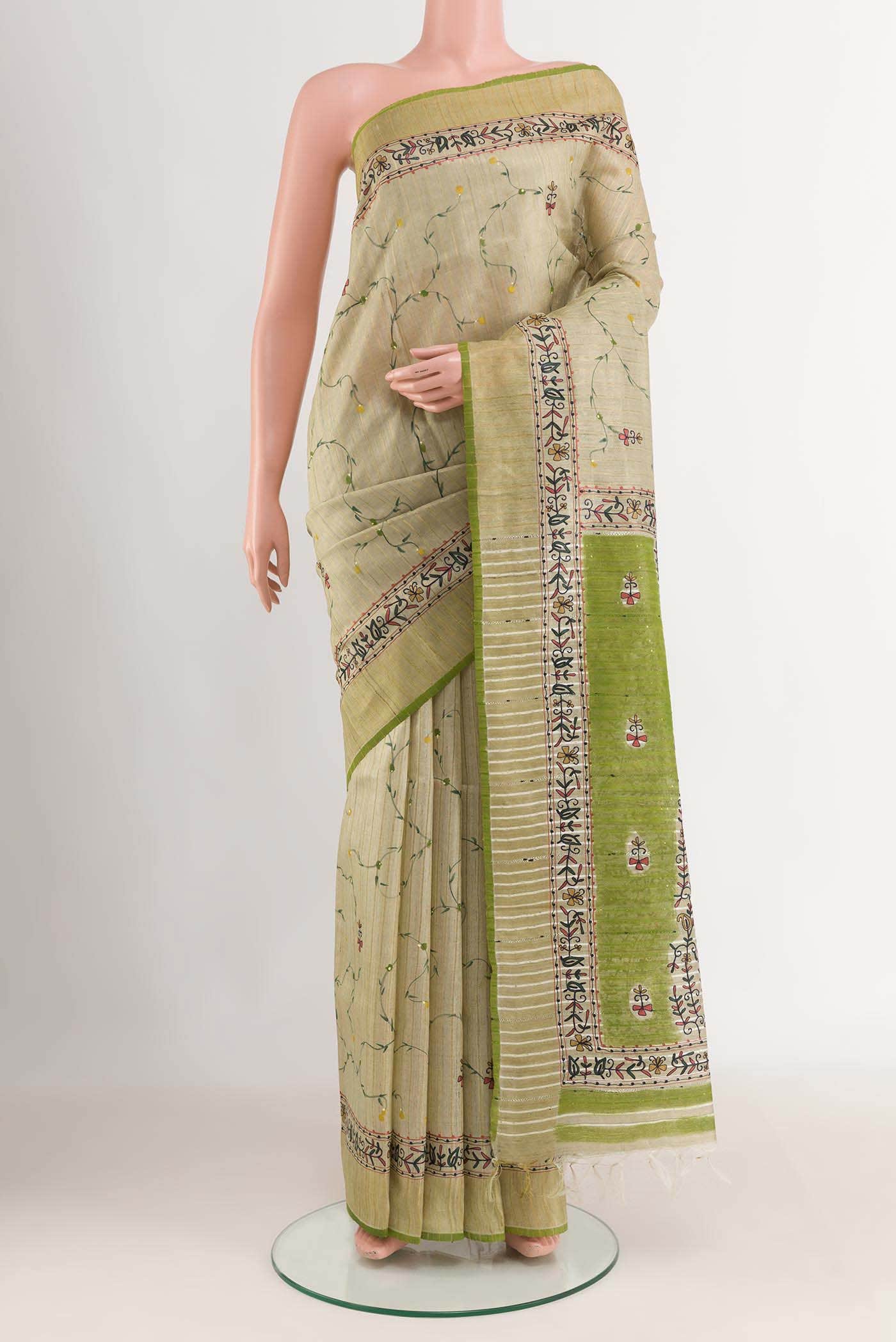 Beige Tussar Silk Saree