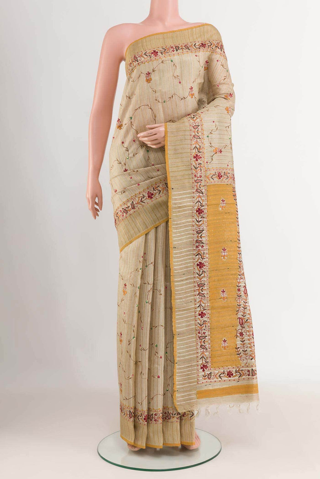 Beige Tussar Silk Saree