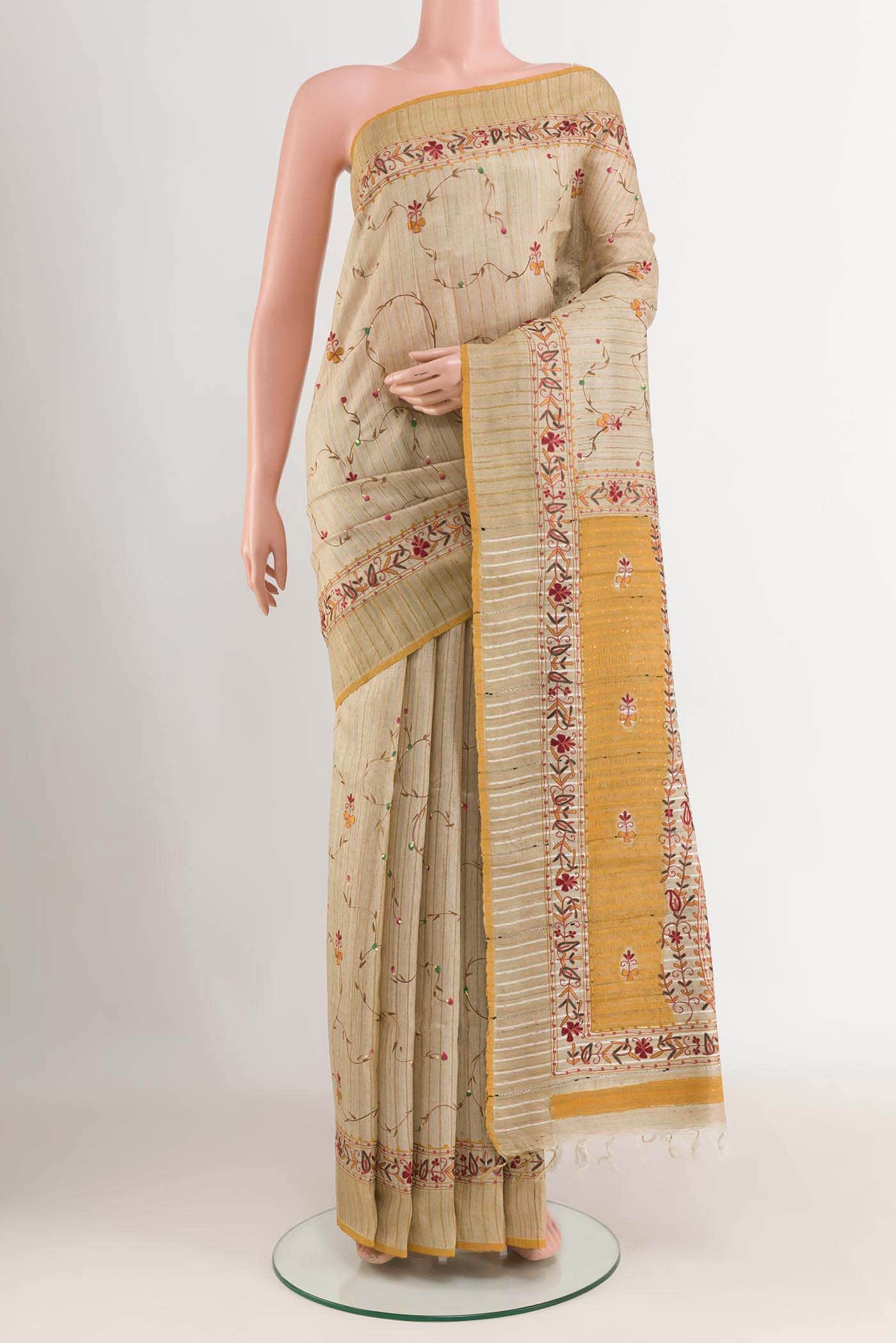 Beige Tussar Silk Saree