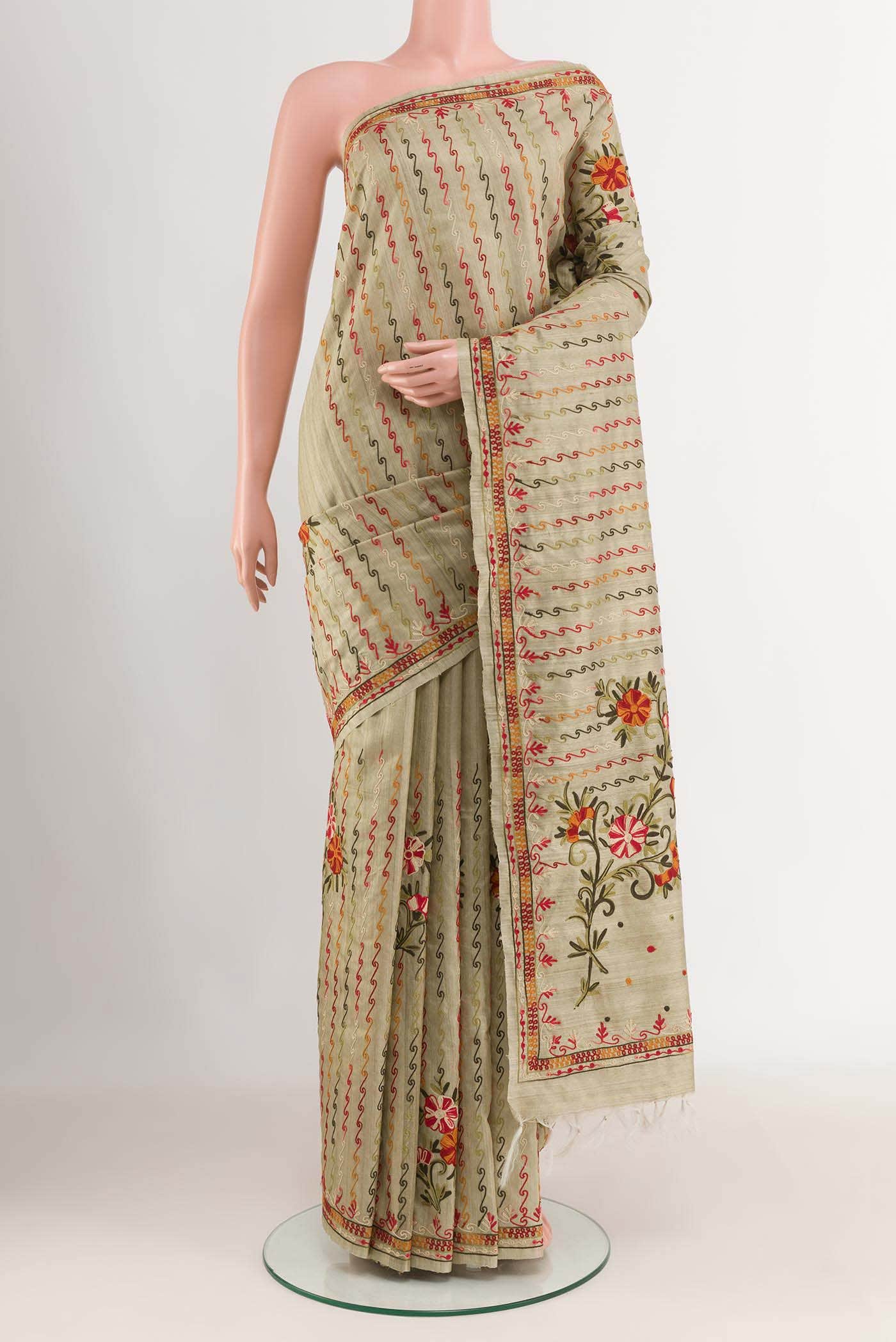 Beige Tussar Silk Saree