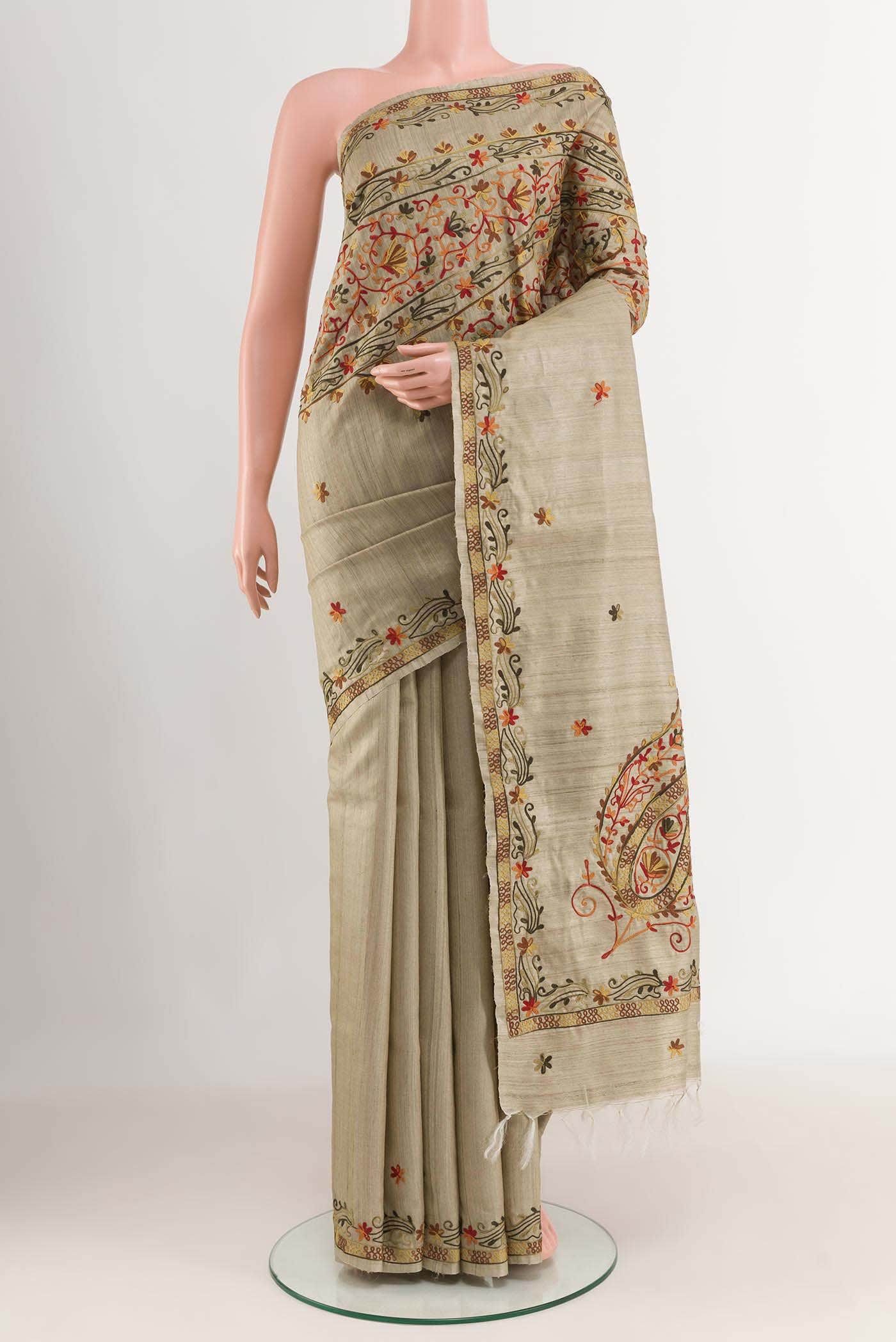 Beige Tussar Silk Saree