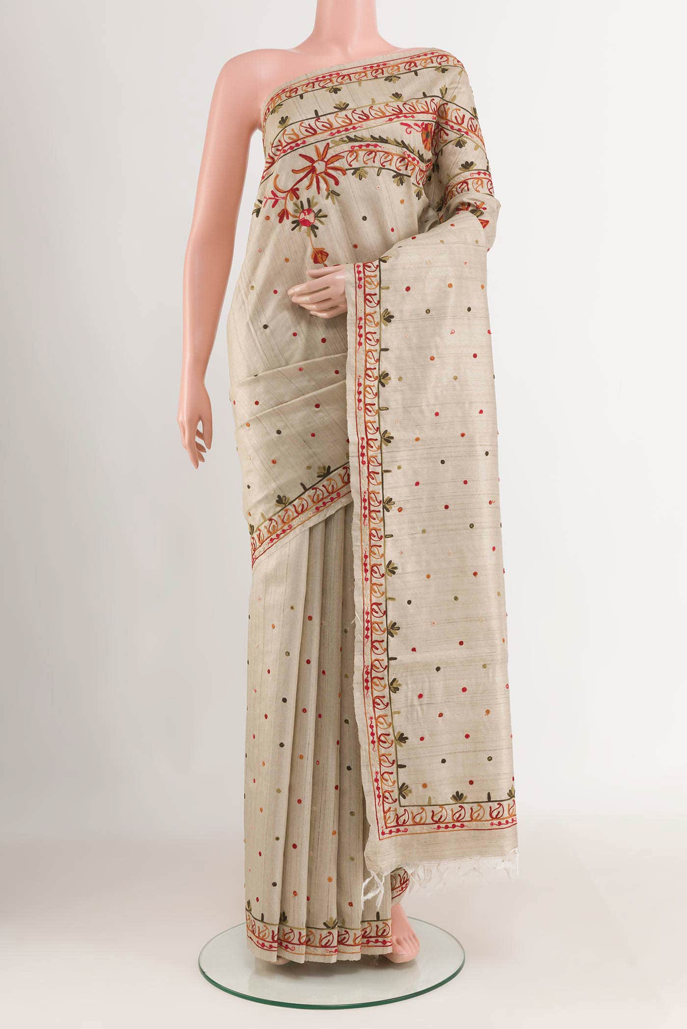 Beige Tussar Silk Saree