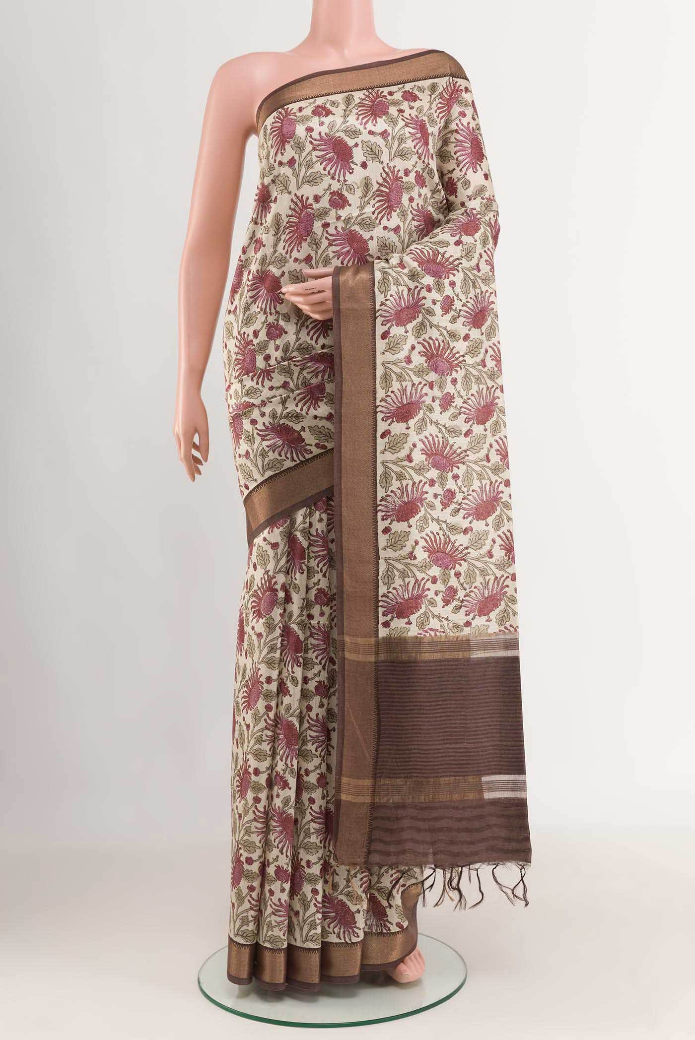 Beige Tussar Silk Saree